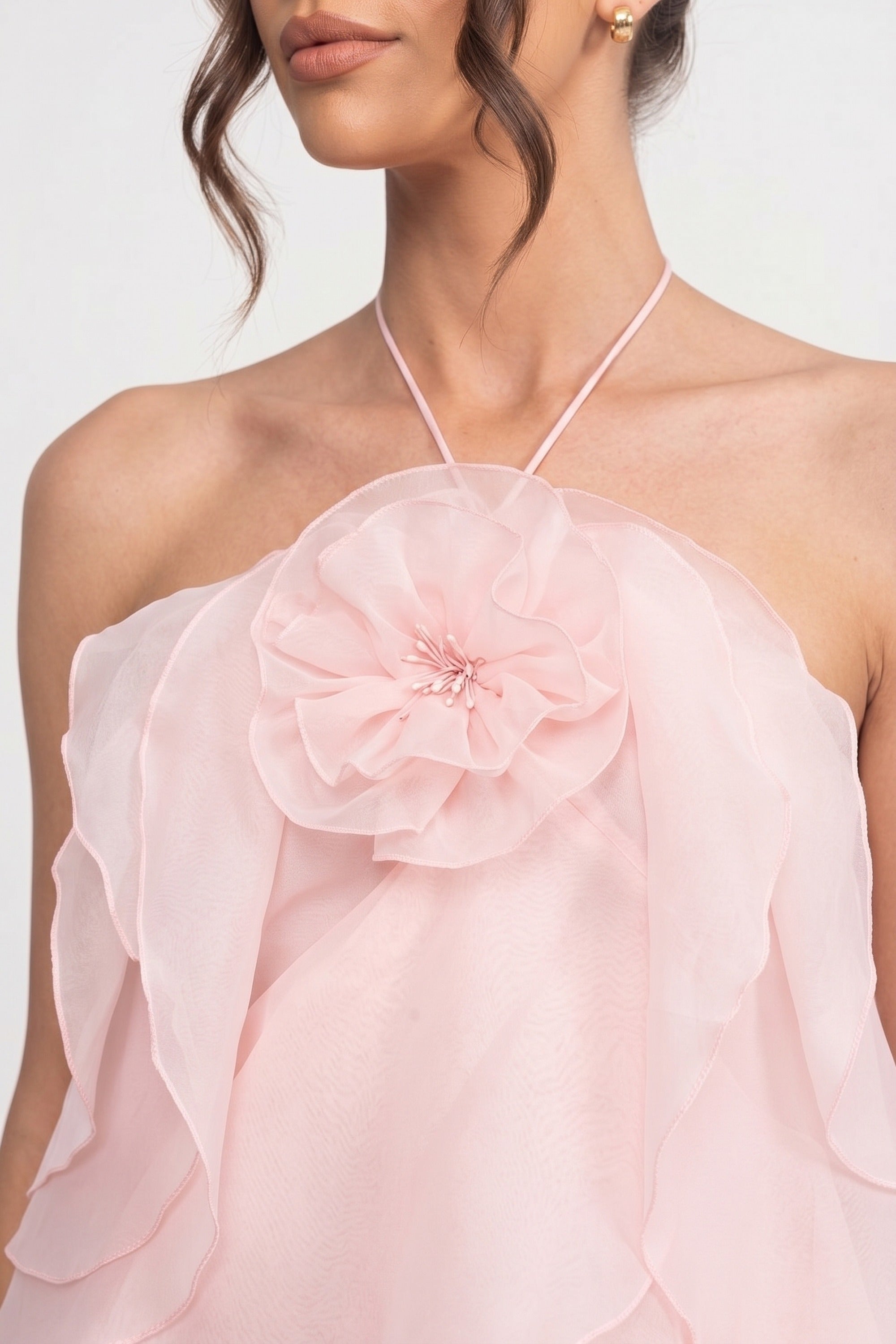 Abito Mini con Volant a Strati e Collo Allacciato con Fiori 3D - Rosa