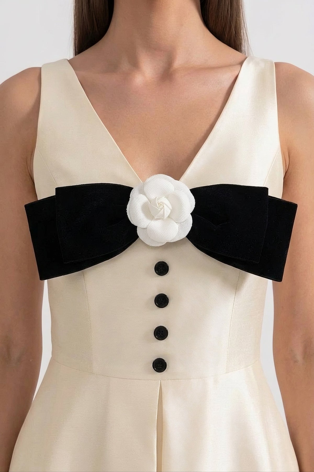 Halter Neck Maxi Dress With Black Bow Bustline And Button Front - Ivories