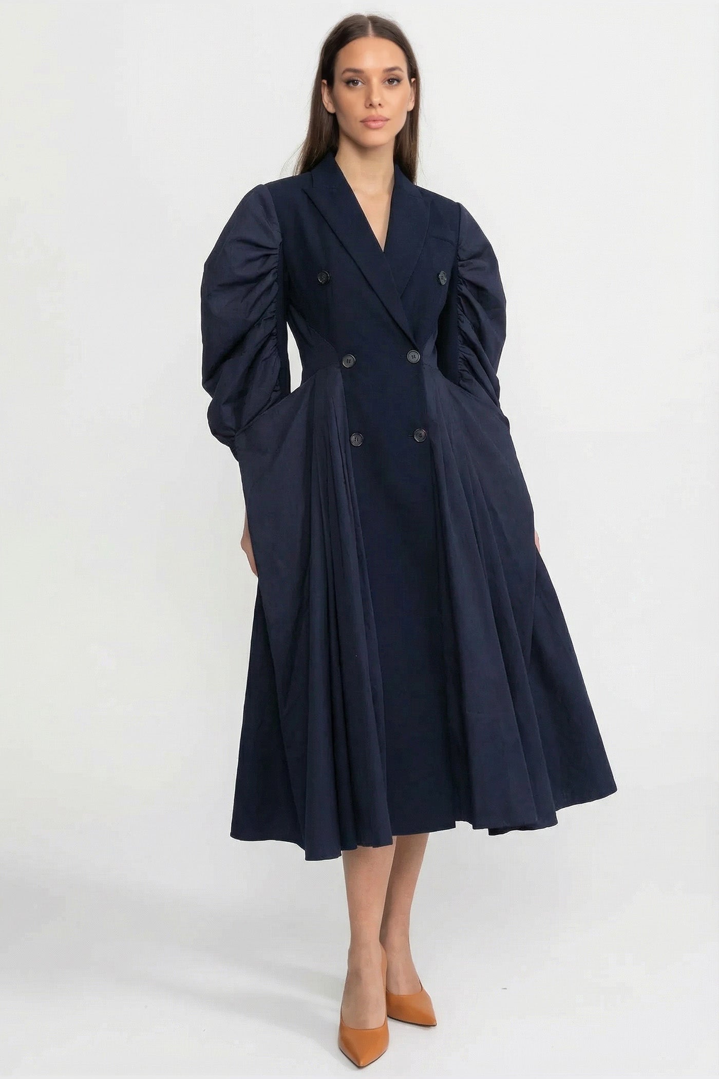 Abito Midi Doppiopetto con Maniche Voluminose Arricciate - Navy