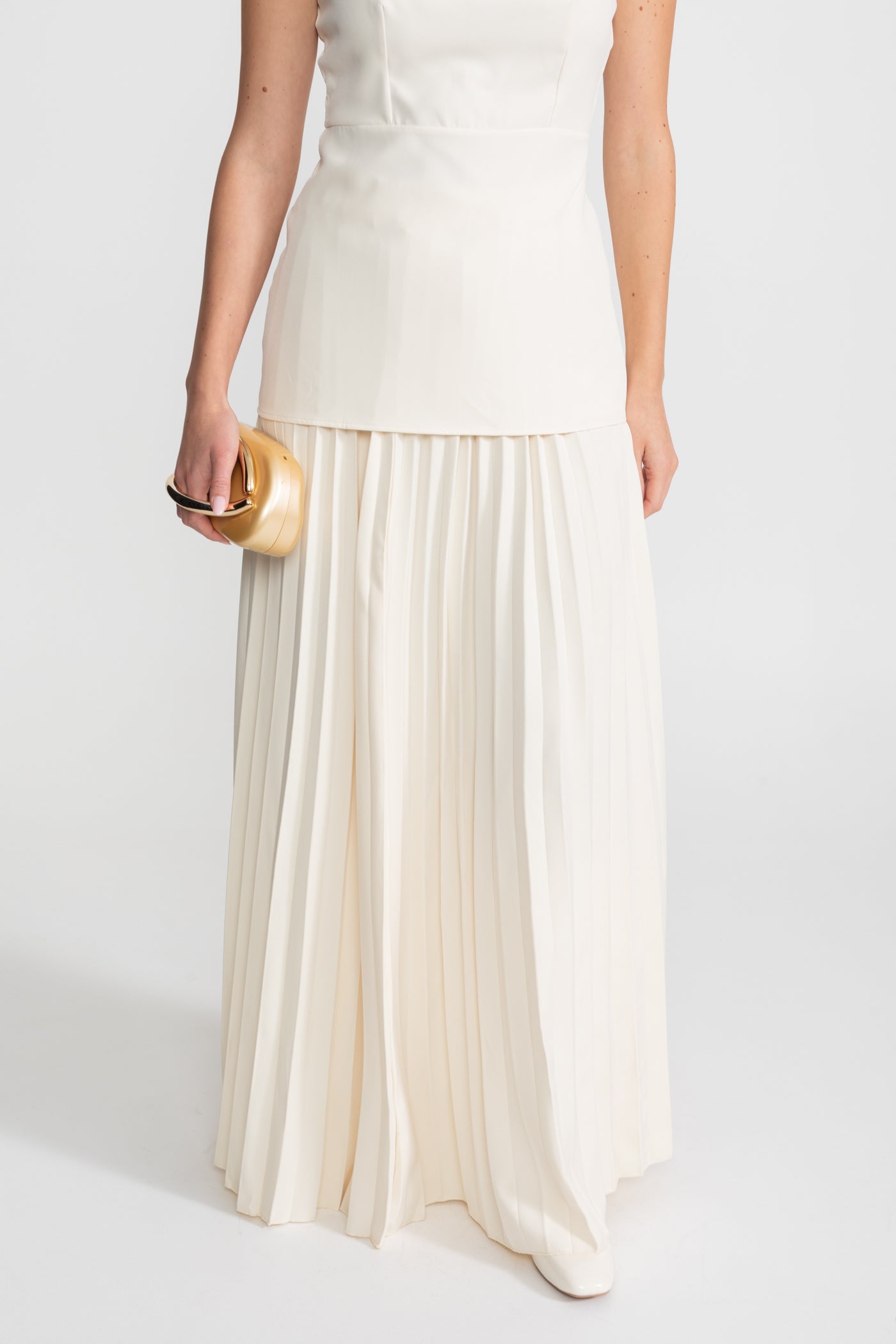 Completo Maxi senza Maniche con Corpino Sartoriale e Gonna Plissettata - Ivoire