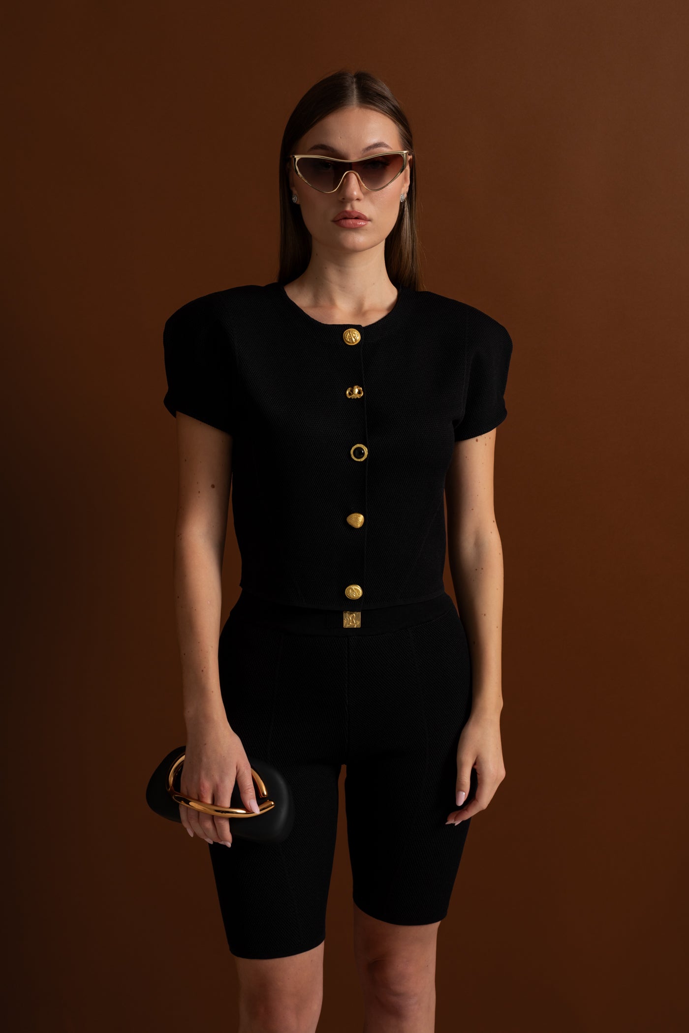 Textured Knit Co-ord Set With Structured Shoulders – Black