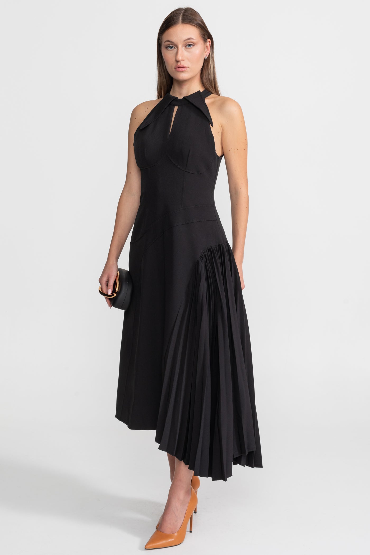 Pleated Halter Midi Dress With Keyhole Detail - Black