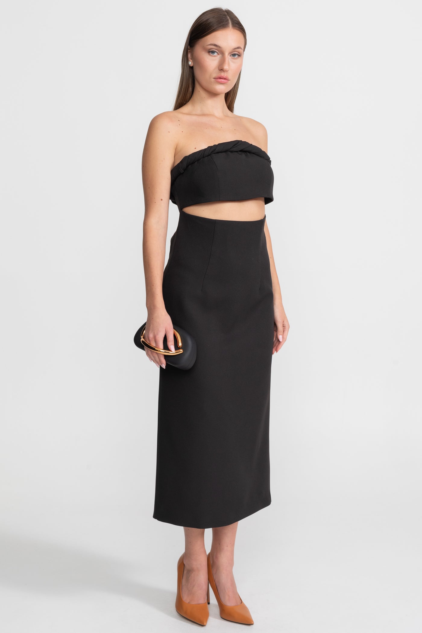 Abito Midi Senza Spalline con Cutout e Dettaglio Bandeau Intrecciato – Nero