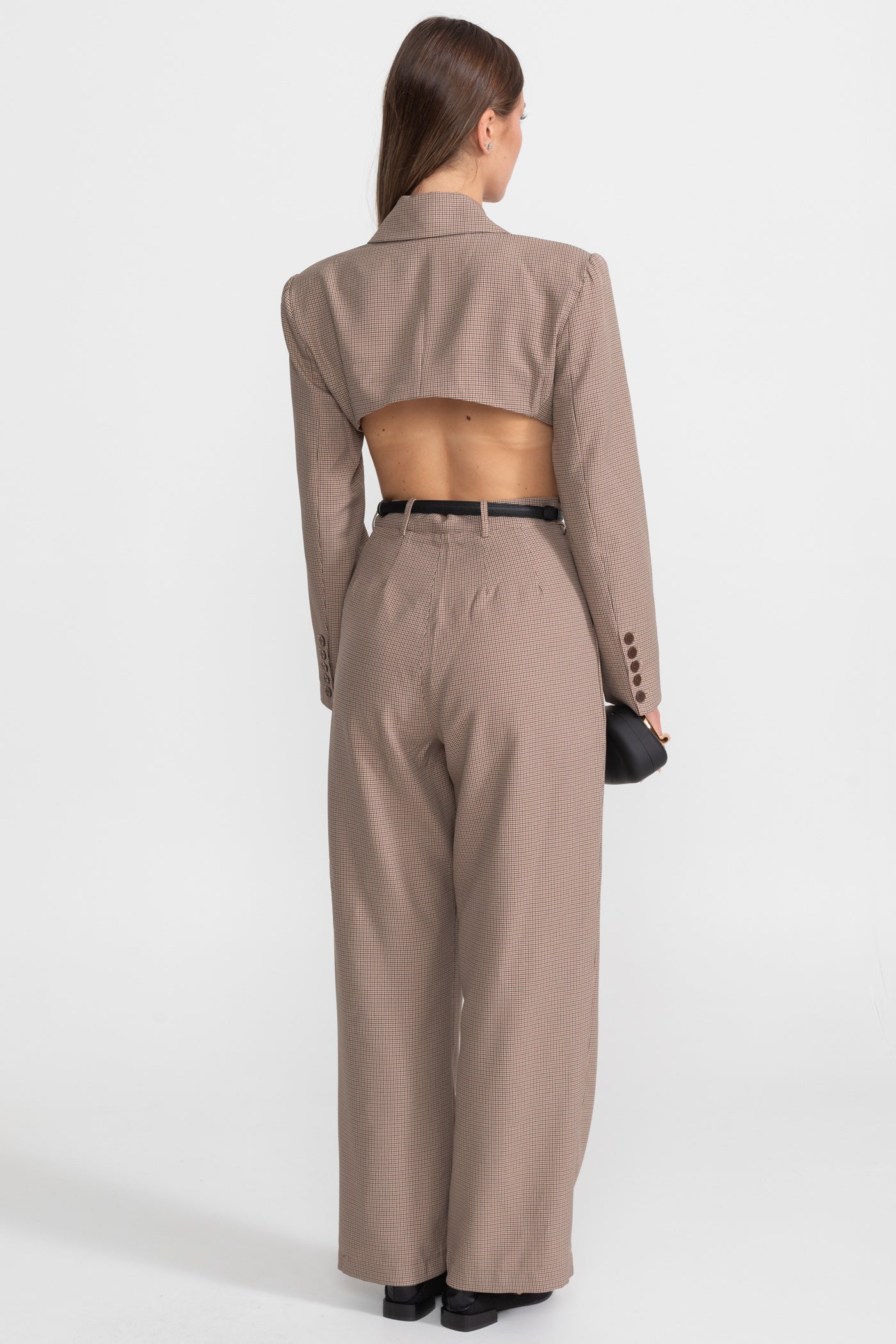 Tuta Cut-Out con Sottile Cintura Nera in Vita – Check Taupe