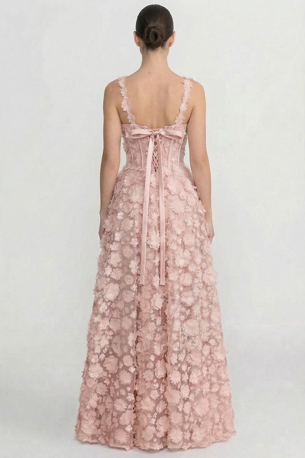 Abito Maxi con Applicazioni Floreali e Corpino a Corsetto - Rosa