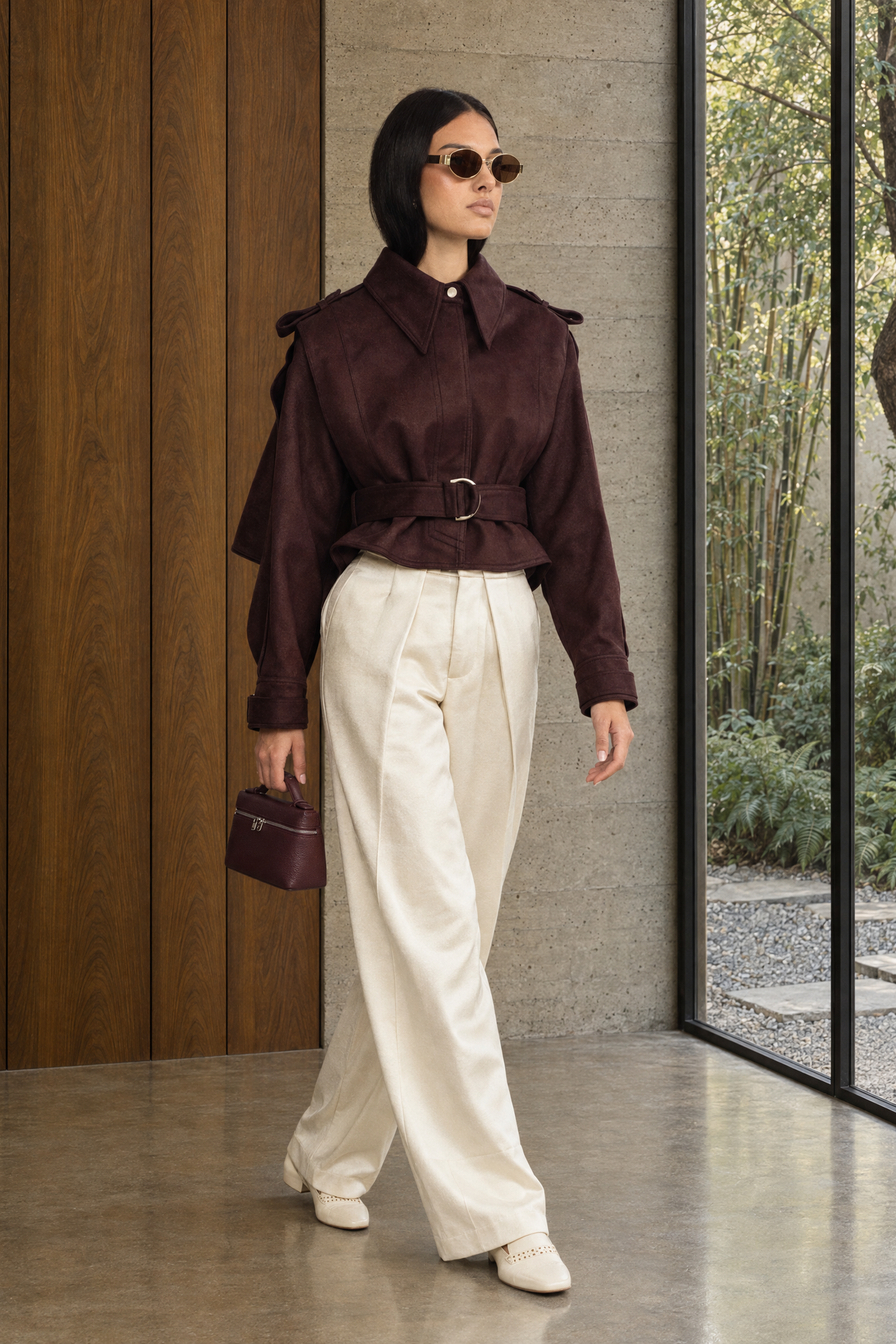 Giacca mantella in suede con cintura - Burgundy