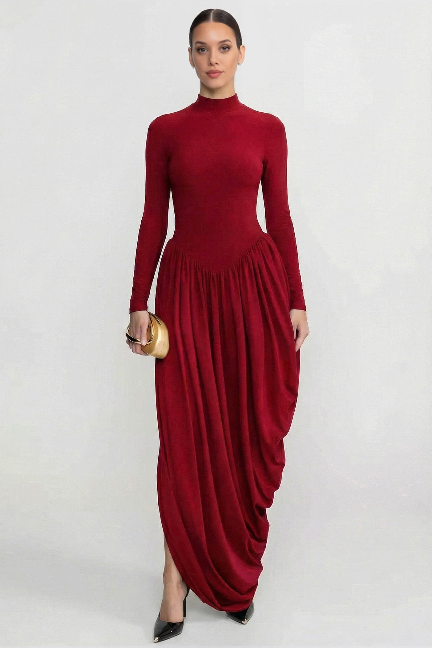 Long Sleeve Maxi Dress With Draped Skirt - Red