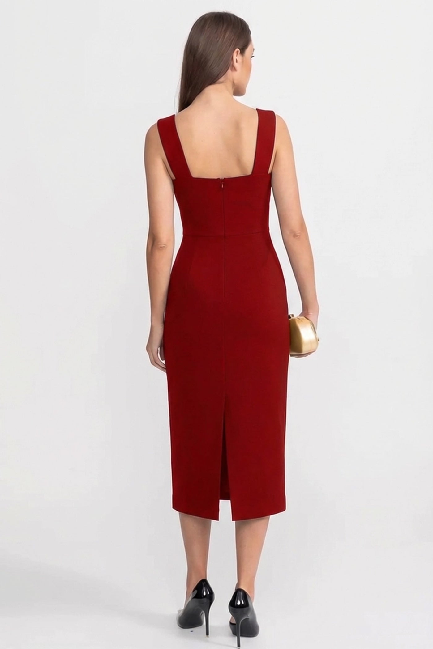 Abito Midi Strutturato con Accento Floreale Scultoreo – Rosso
