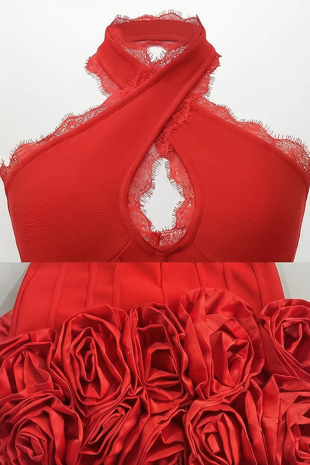 Mini abito corsetto con scollo all'americana e orlo con rose 3D – Rosso