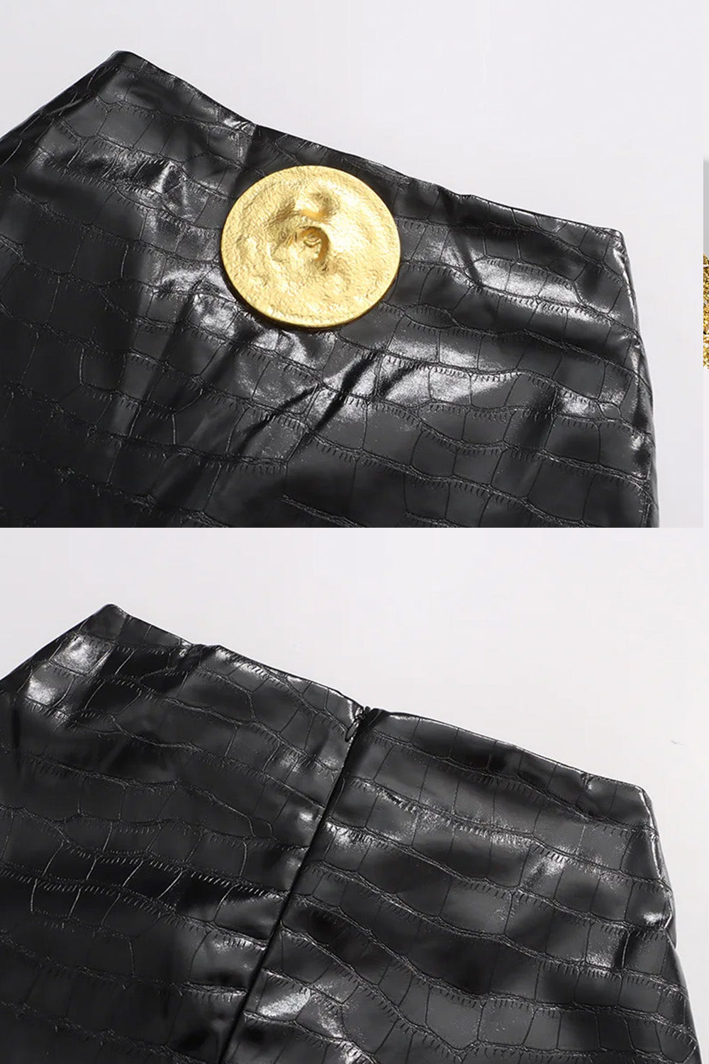 Minigonna Effetto Coccodrillo con Bottone Oro Statement - Nero