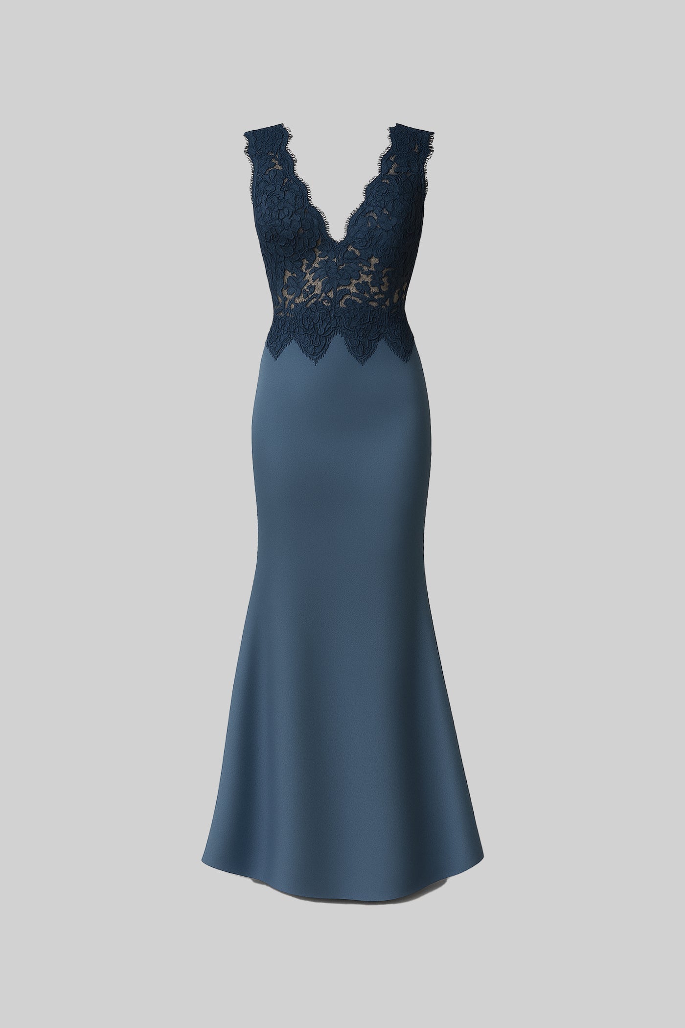 Elegant Sleeveless Evening Gown With Fitted Silhouette, Lace Detailing And Satin Skirt - Teal