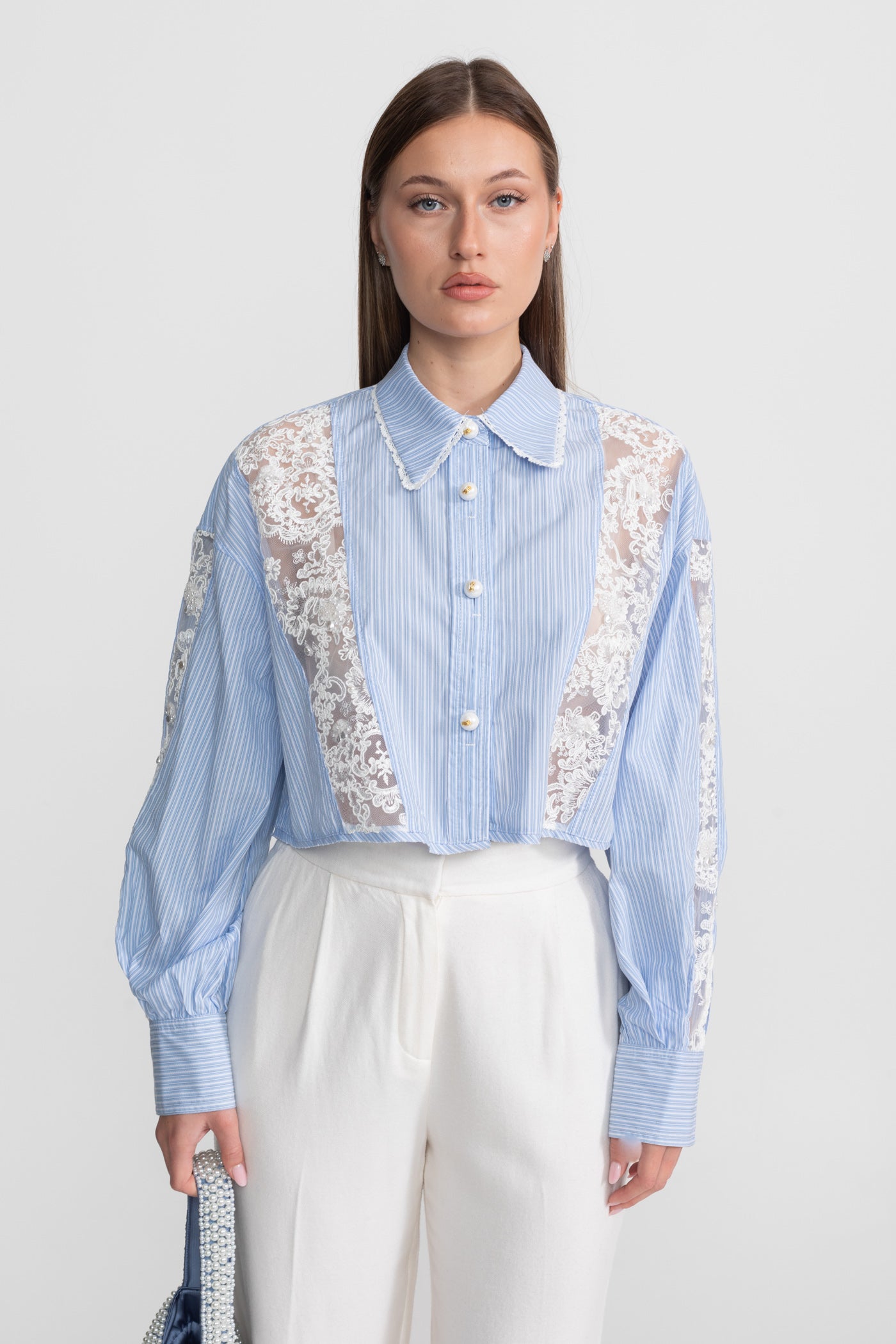Camicia in Cotone a Righe con Pannello in Pizzo – baby blue