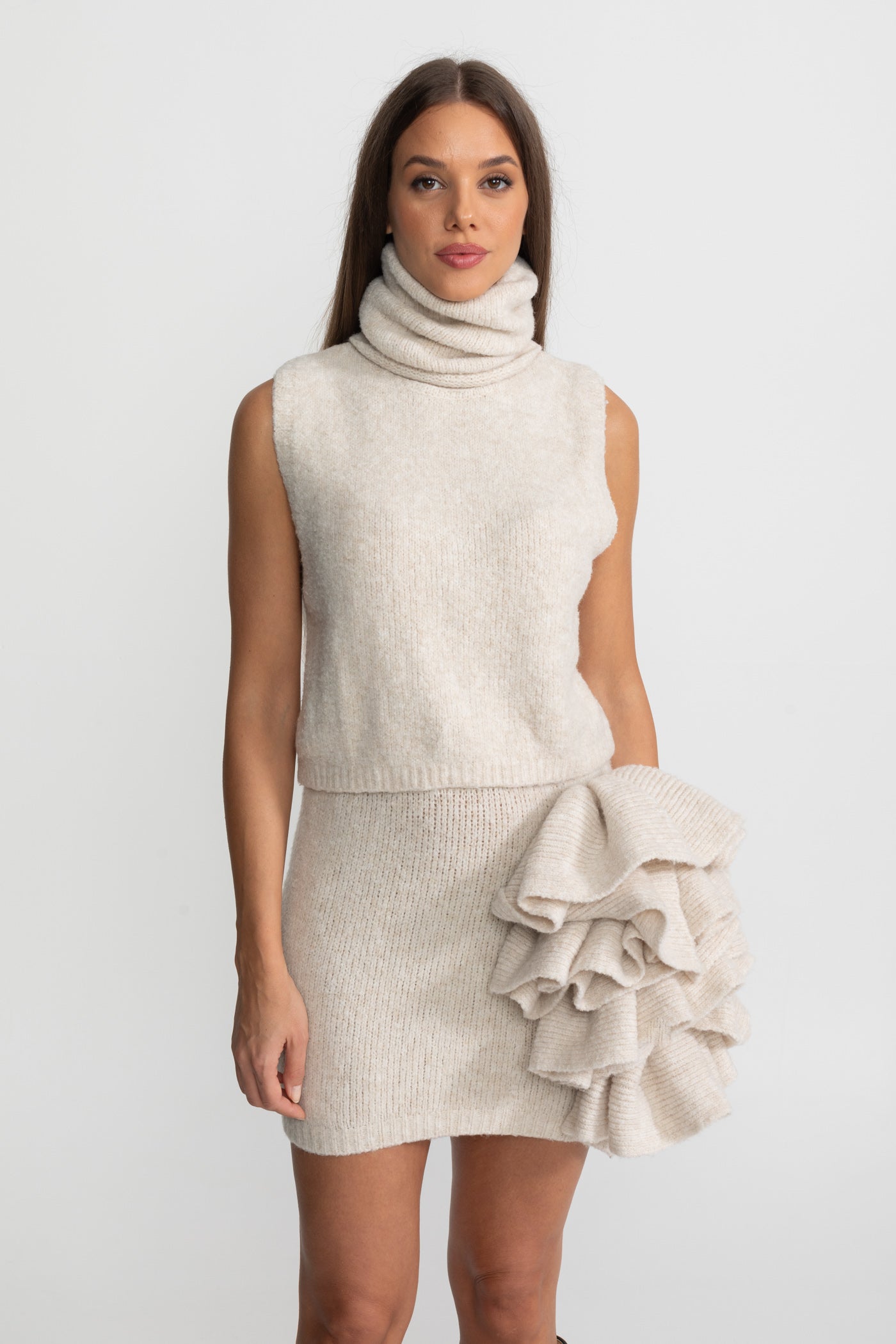Knitted Three-Piece Set with Sculptural Ruffle Details - Beige