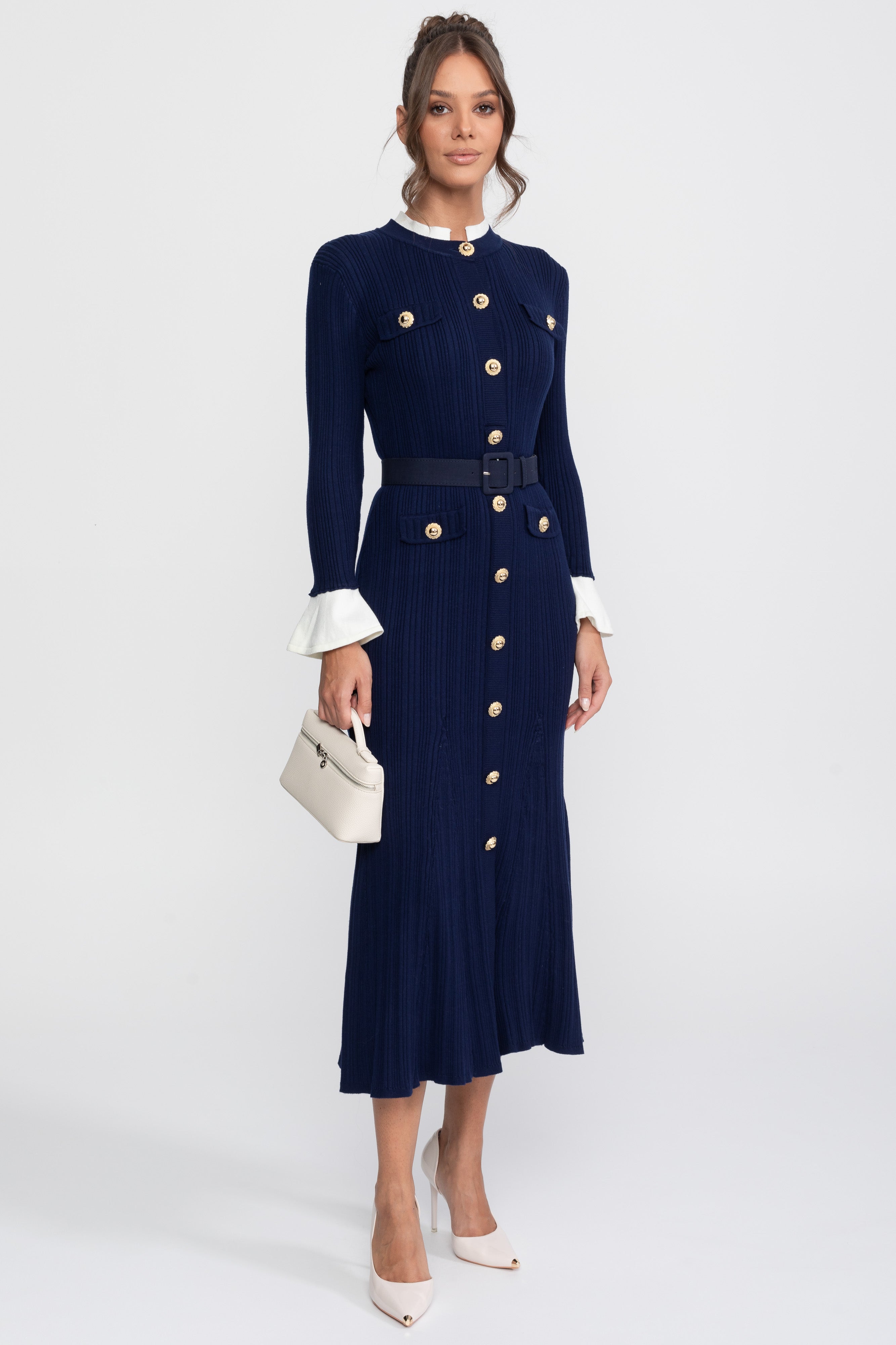 Ribbed Knit Belted Midi Dress With White Cuffs And Collar - Navy