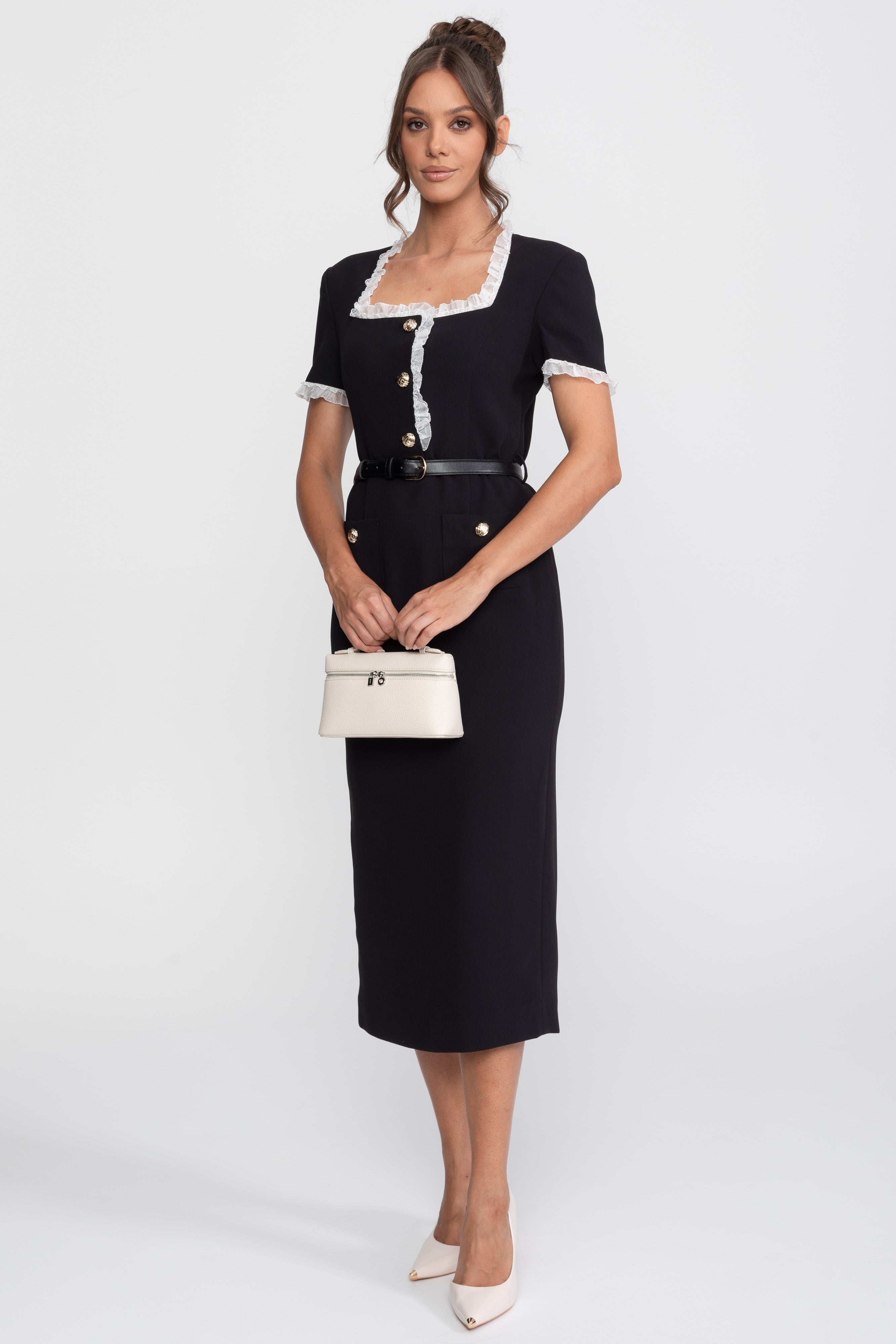 Abito Midi con Scollo Quadrato e Cintura con Rifiniture in Volant Bianco - Nero