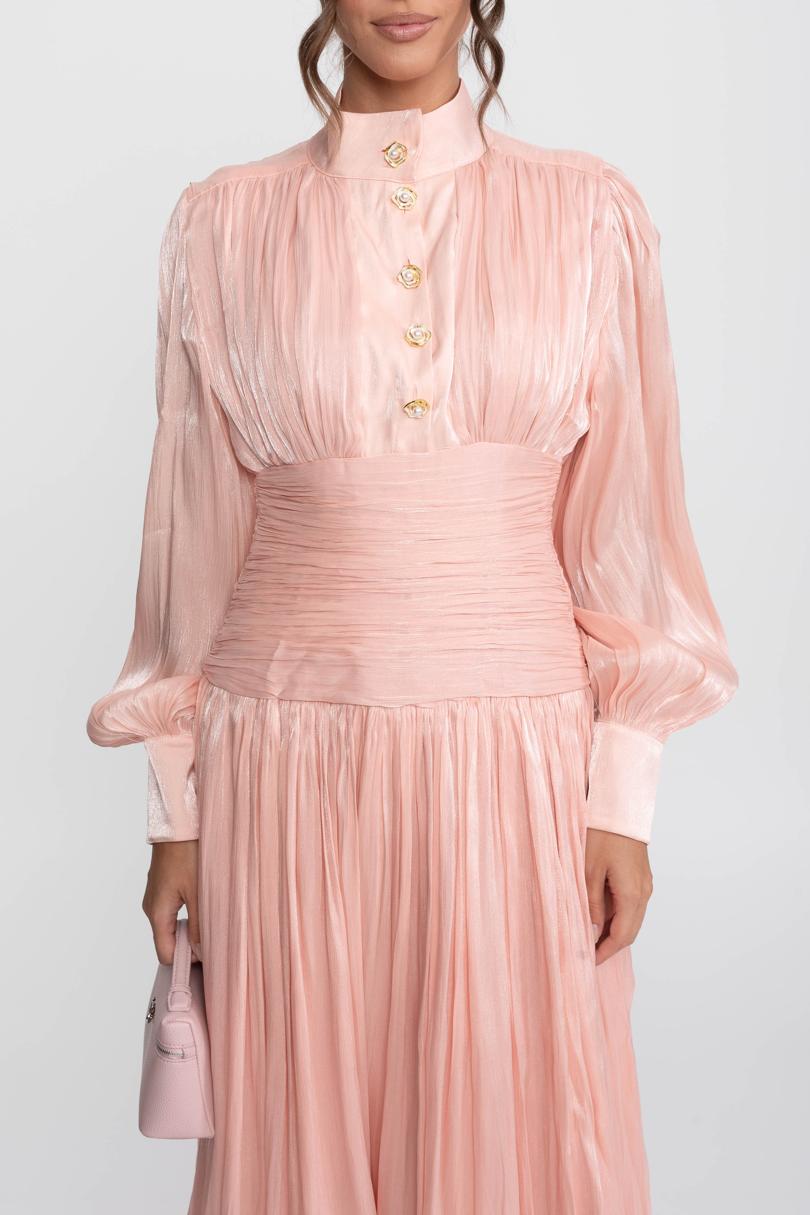 Abito maxi a balze con maniche a palloncino e bottoni rosa gioiello - Peach