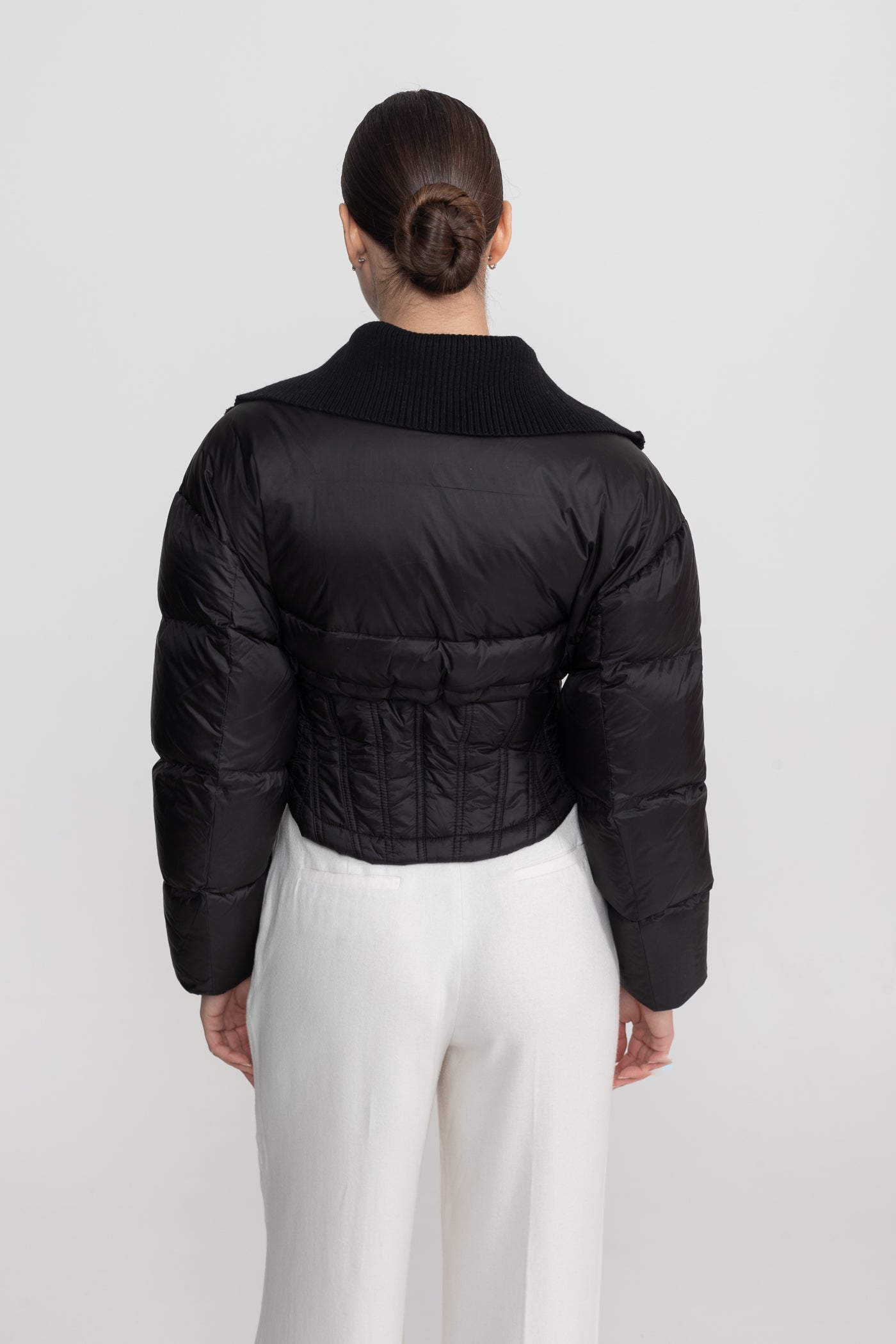 Cropped Puffer Jacket With Corset Waist Detailing - Black