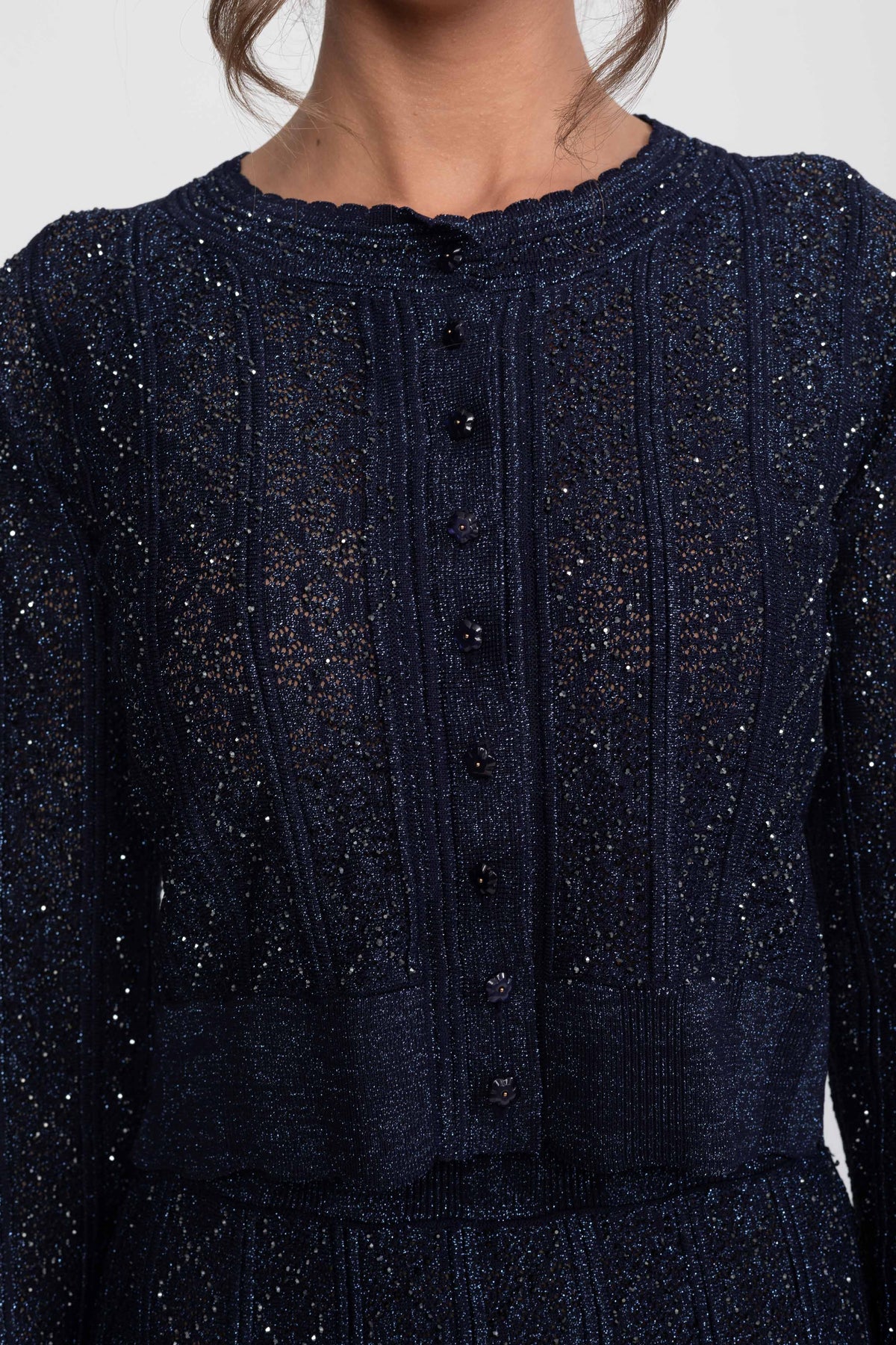 Coordinato in pizzo con motivo a ромbi, maniche lunghe e gonna maxi - Navy