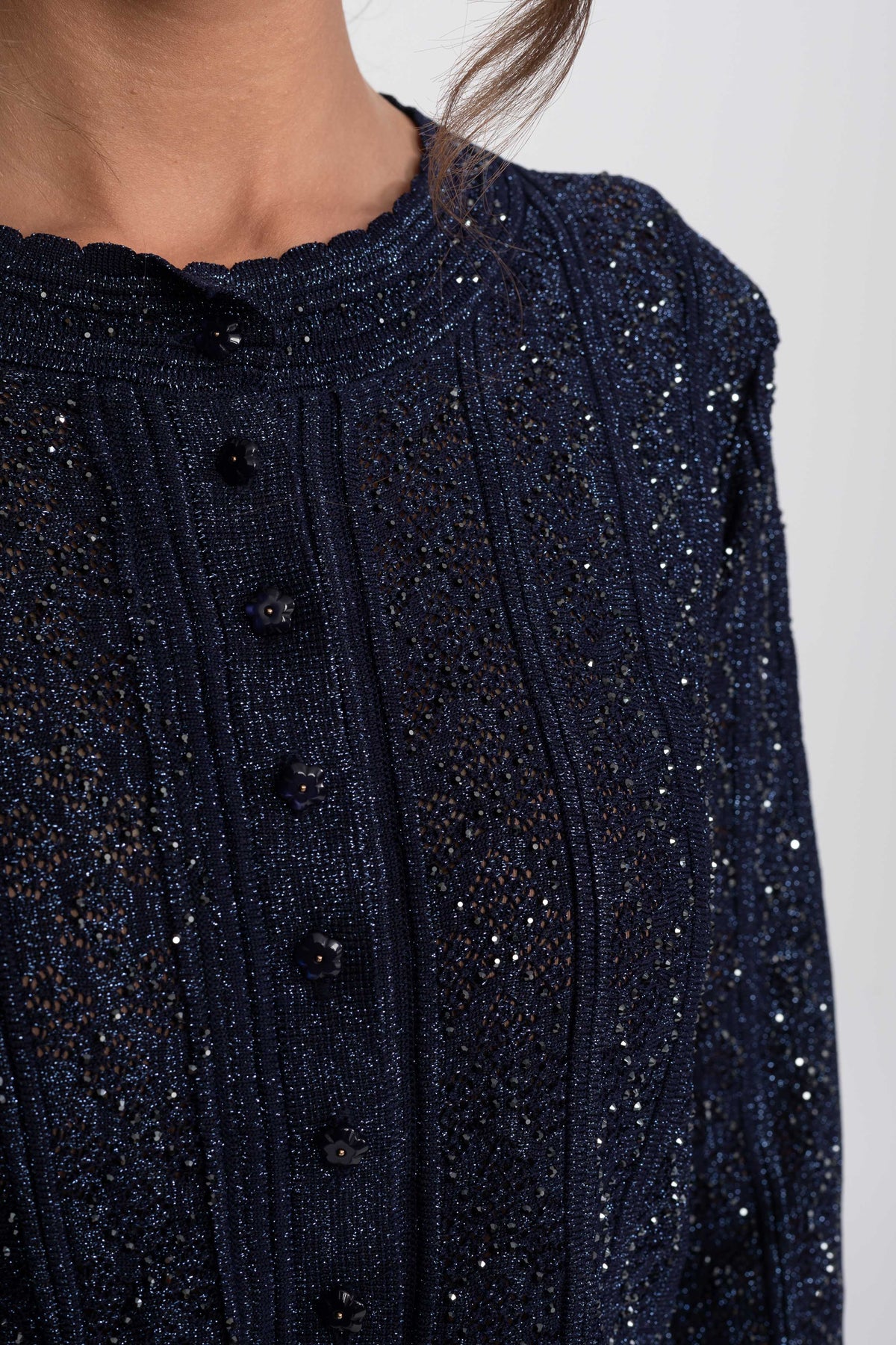 Coordinato in pizzo con motivo a ромbi, maniche lunghe e gonna maxi - Navy