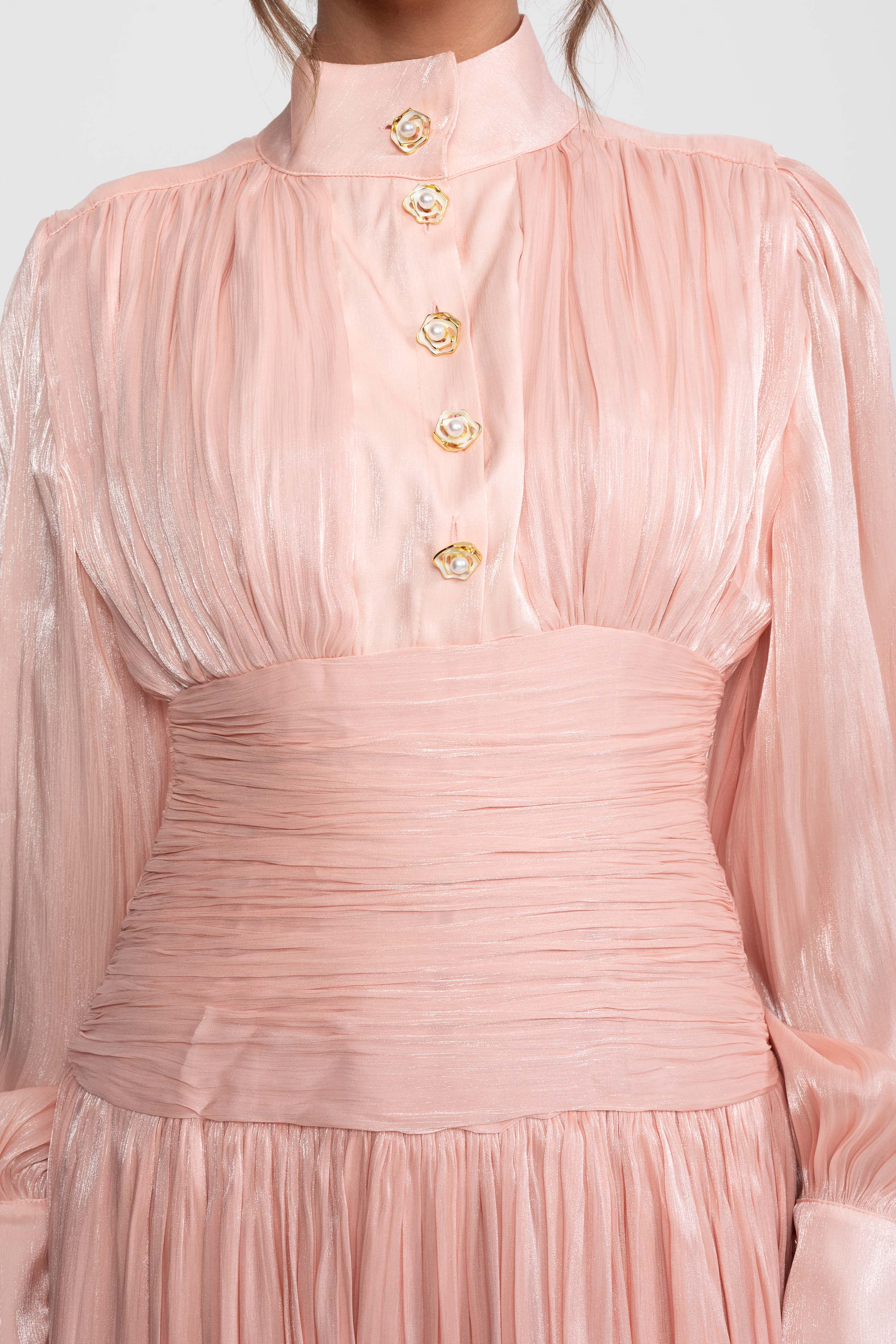 Abito maxi a balze con maniche a palloncino e bottoni rosa gioiello - Peach