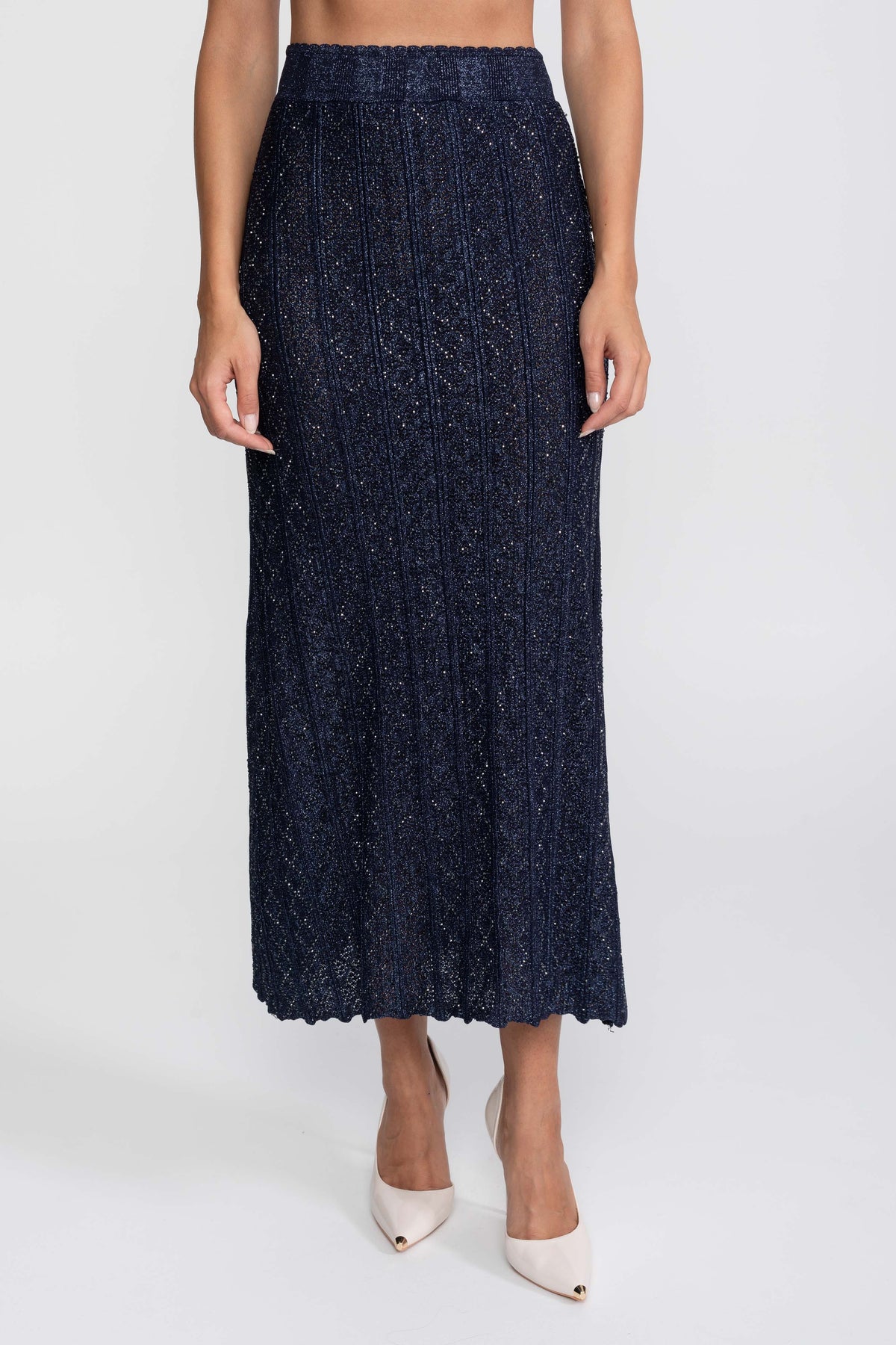 Coordinato in pizzo con motivo a ромbi, maniche lunghe e gonna maxi - Navy