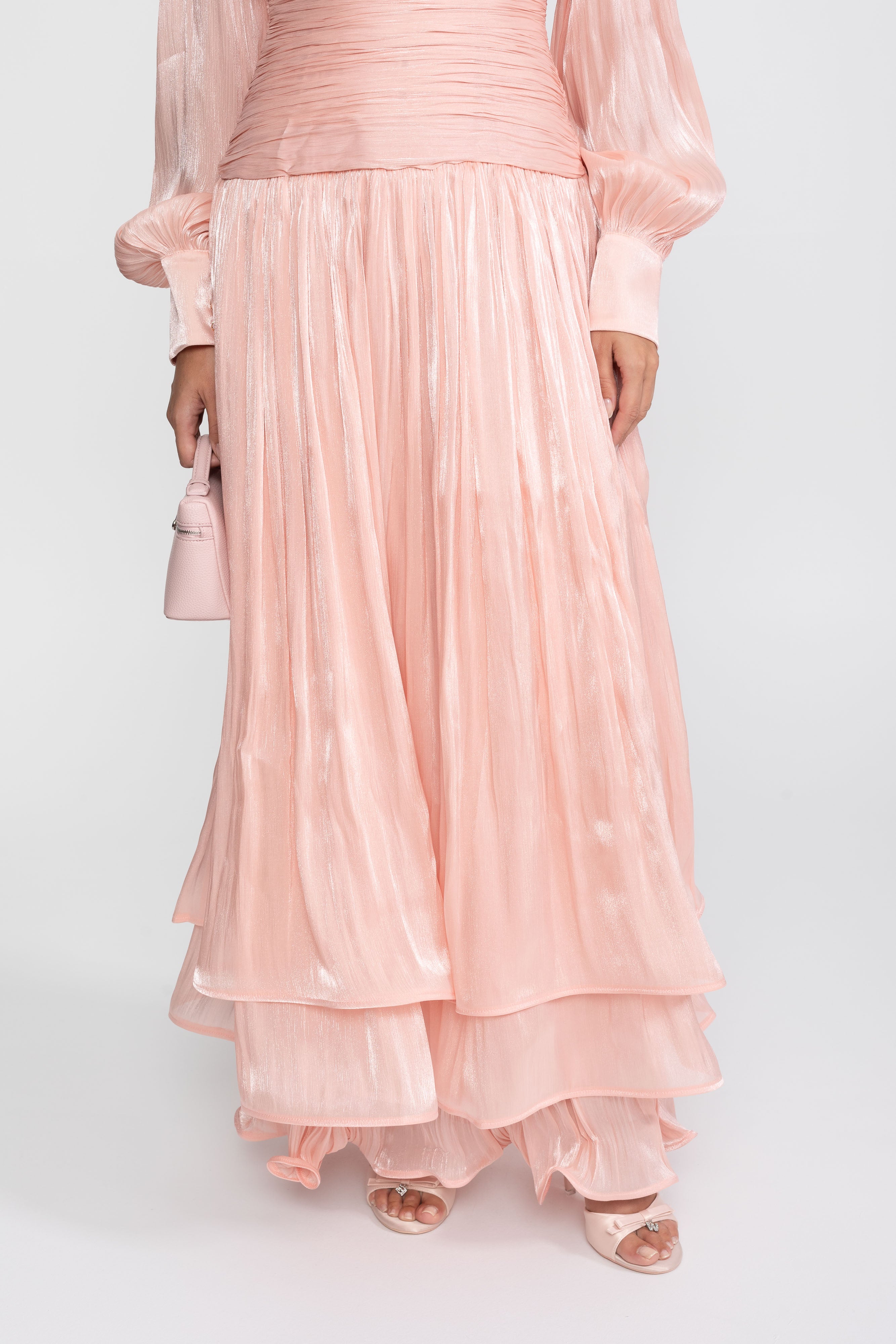 Abito maxi a balze con maniche a palloncino e bottoni rosa gioiello - Peach