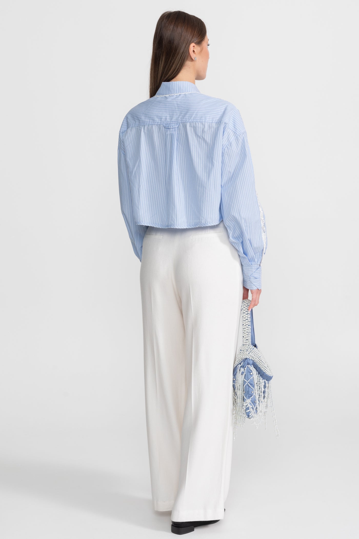 Camicia in Cotone a Righe con Pannello in Pizzo – baby blue