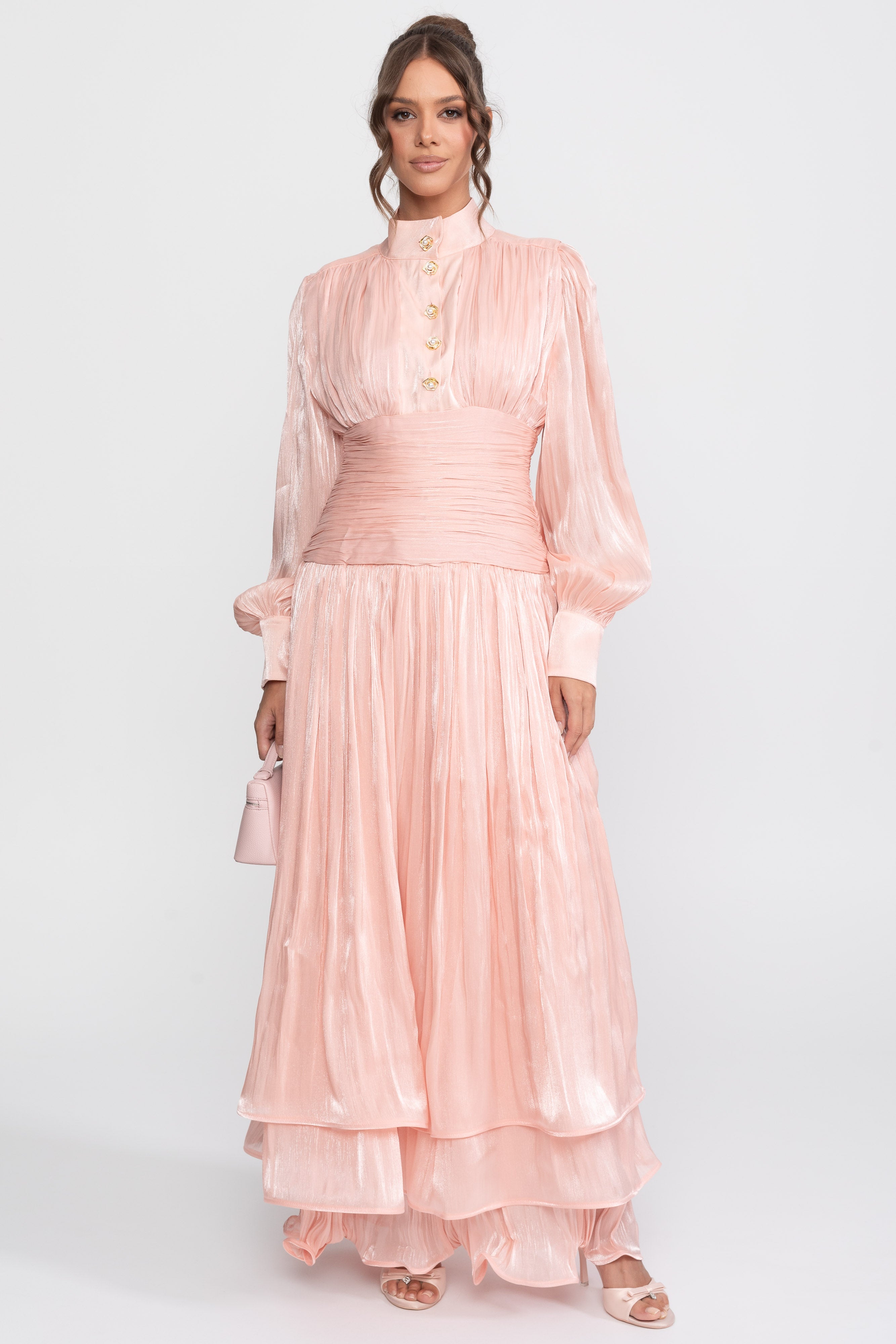 Abito maxi a balze con maniche a palloncino e bottoni rosa gioiello - Peach