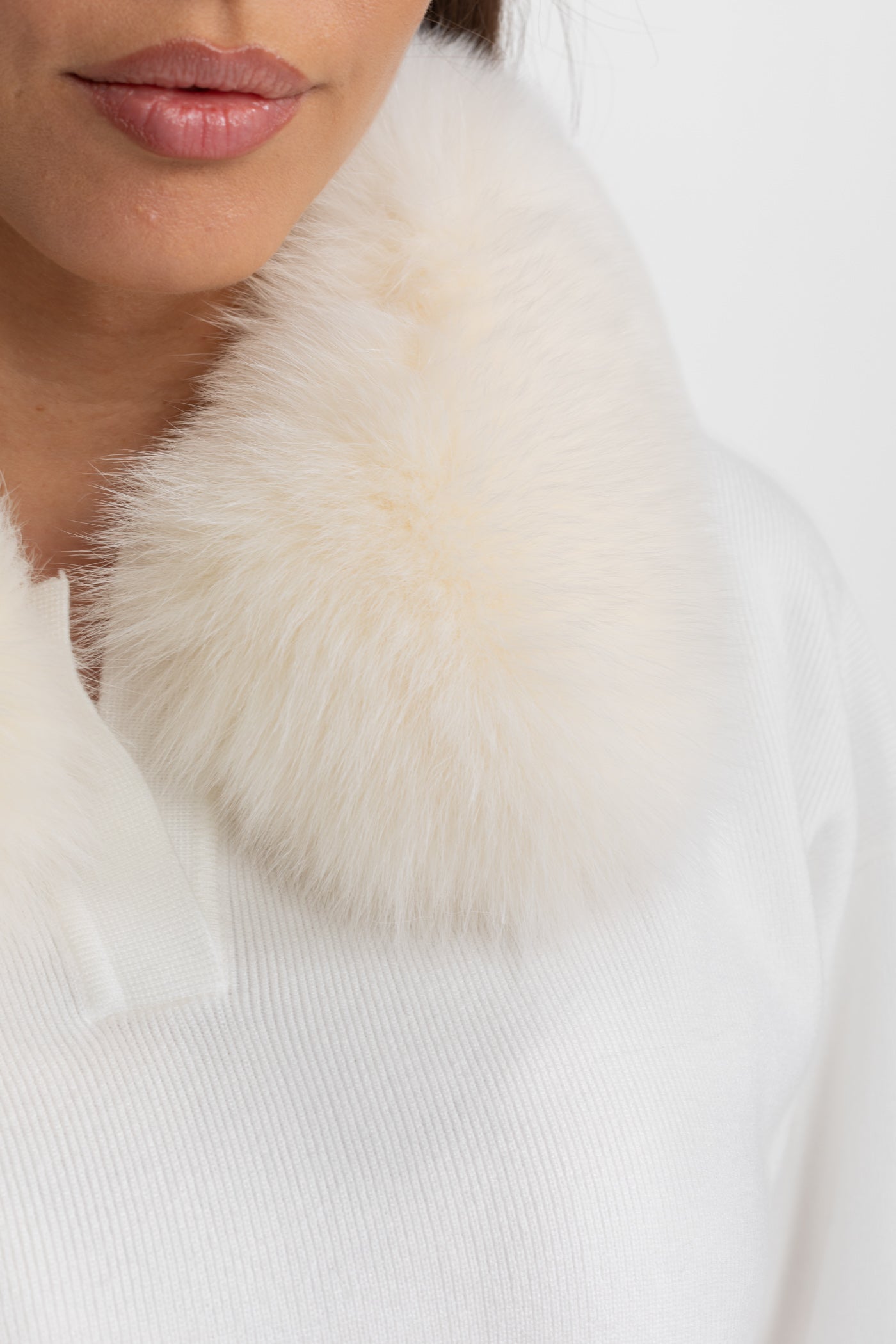 Knit Lounge Co-Ord Set with Fox Fur Collar – White