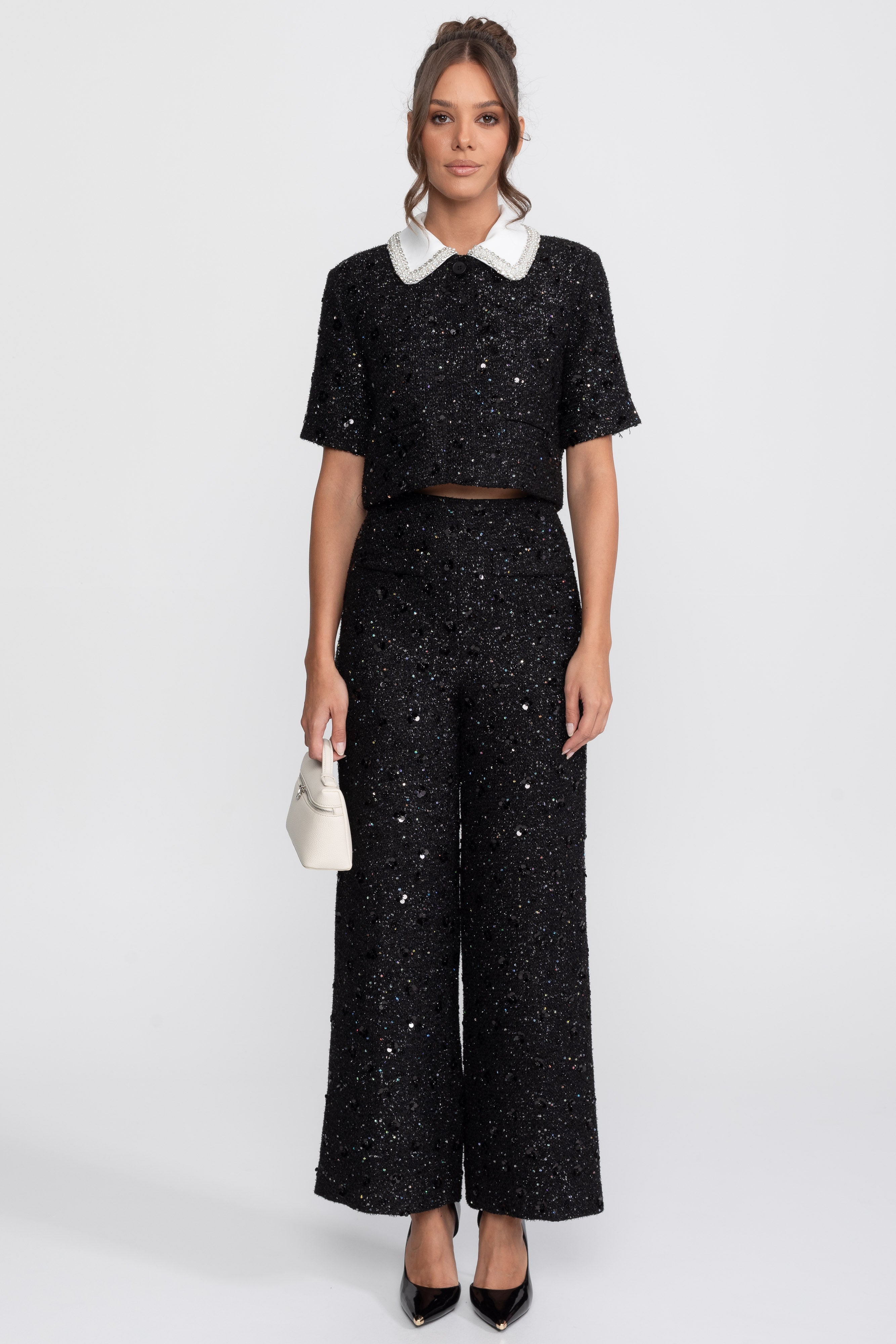 Pantaloni in tweed a gamba larga con dettaglio di paillettes - Nero