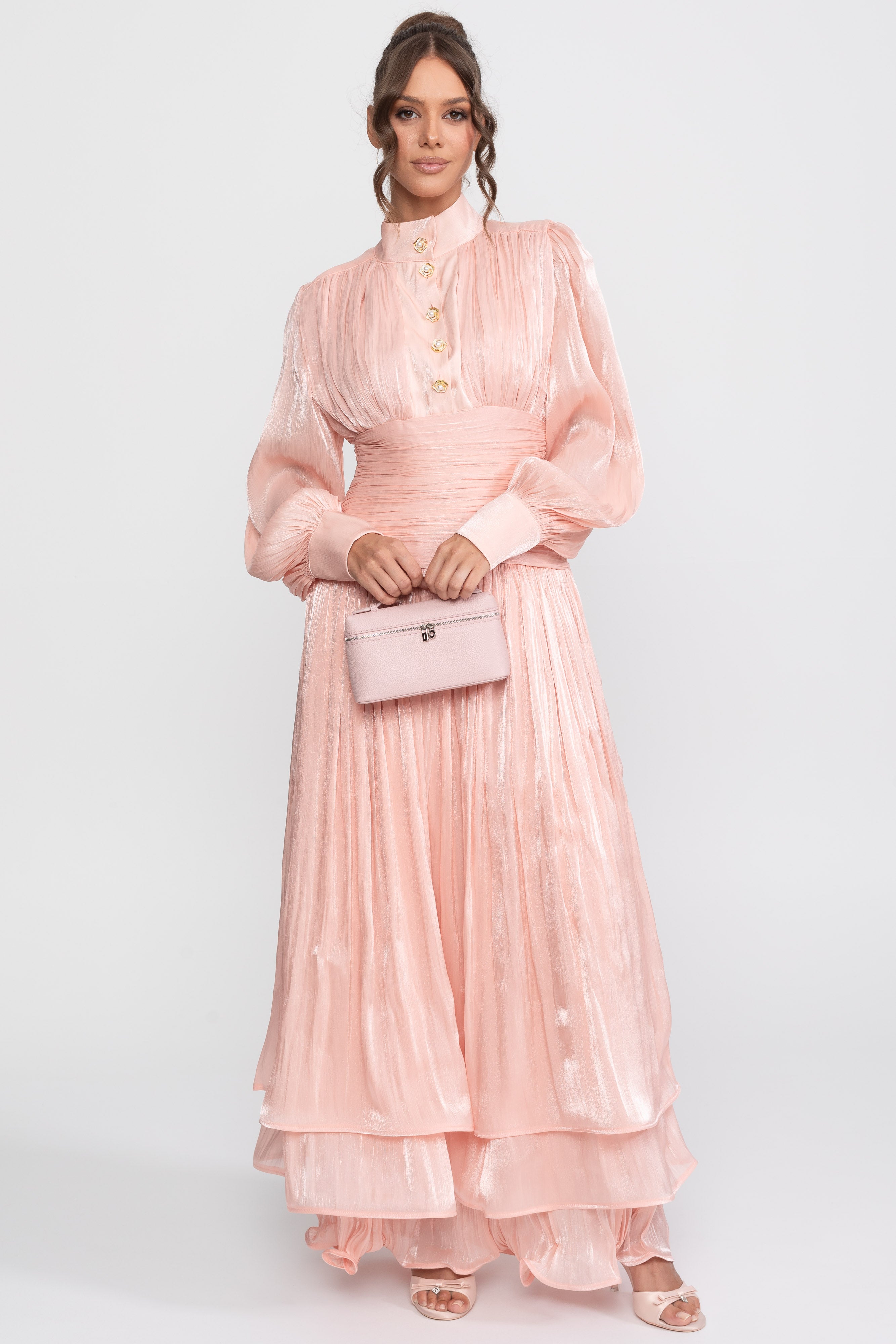 Abito maxi a balze con maniche a palloncino e bottoni rosa gioiello - Peach