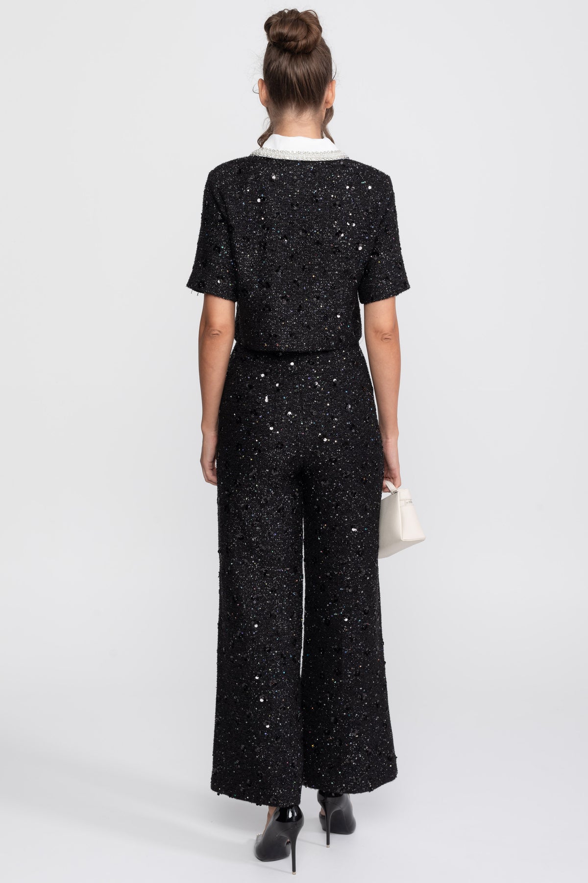 Pantaloni in tweed a gamba larga con dettaglio di paillettes - Nero