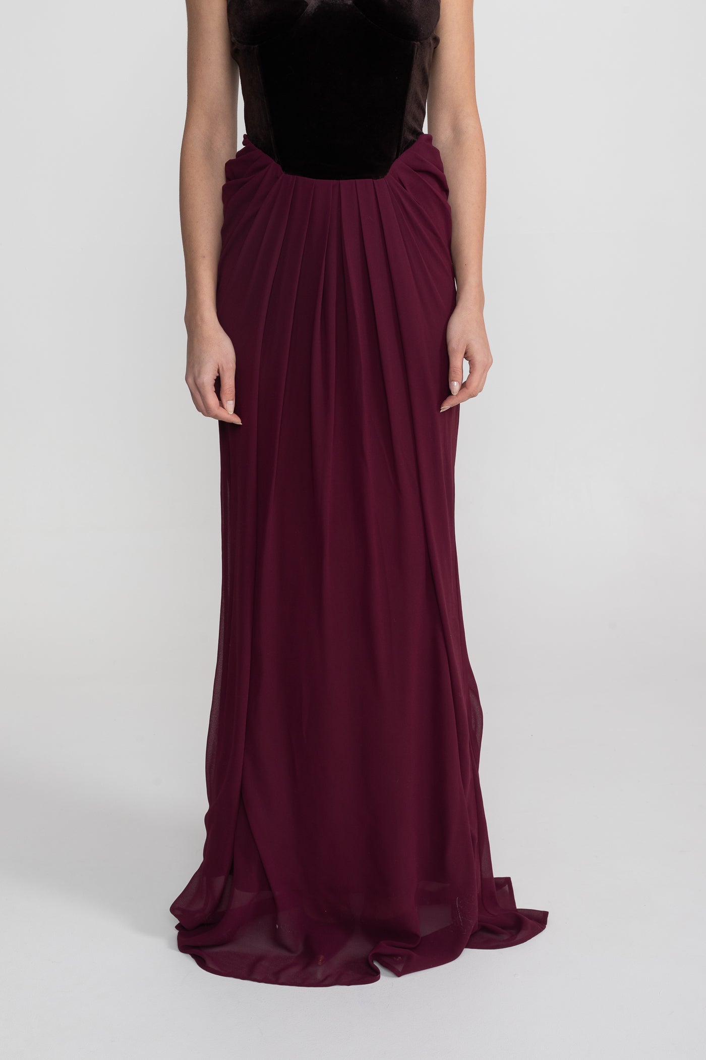 Abito Maxi con Corsetto in Velluto e Gonna Fluttuante - Bordeaux