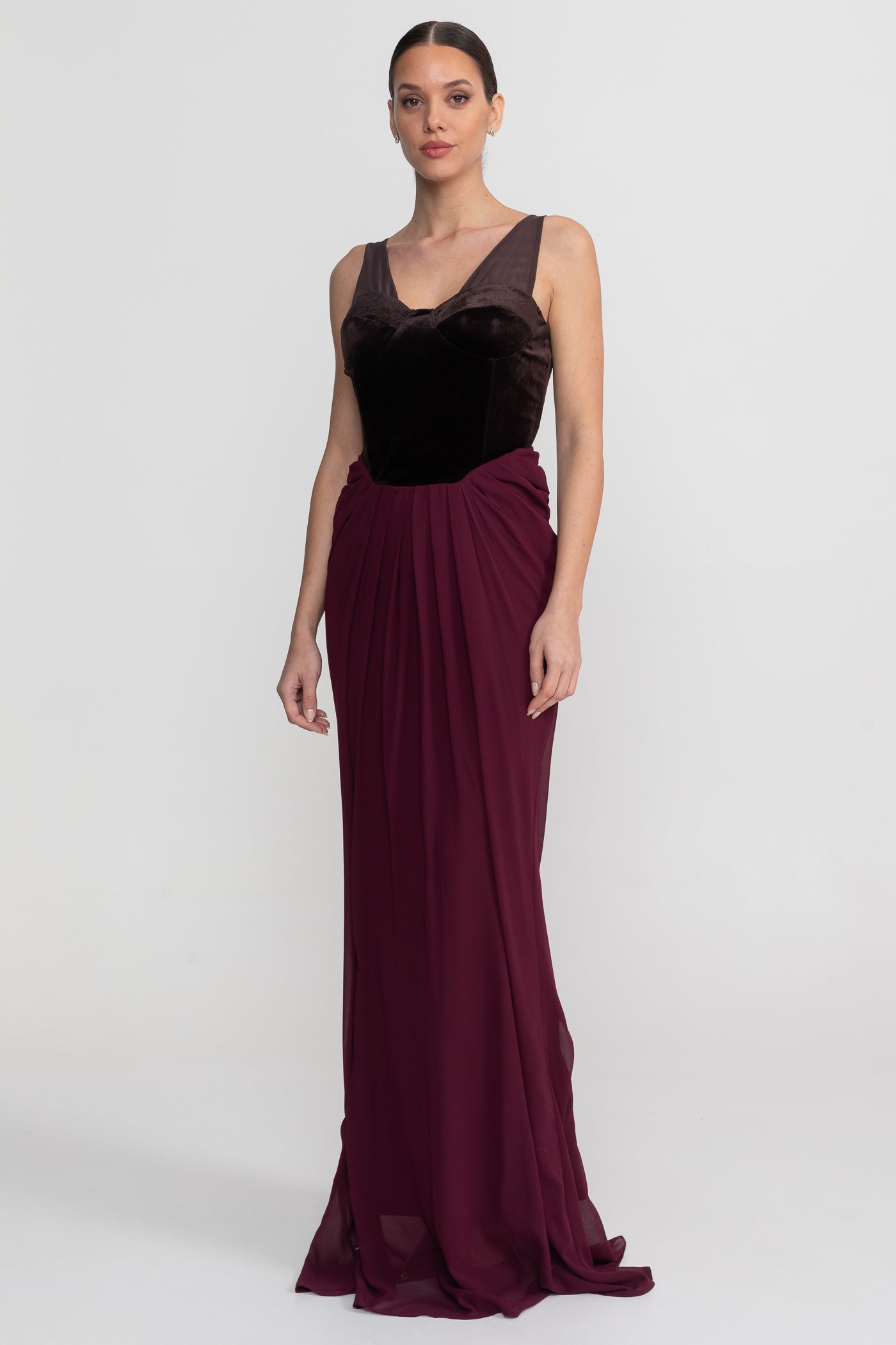 Abito Maxi con Corsetto in Velluto e Gonna Fluttuante - Bordeaux