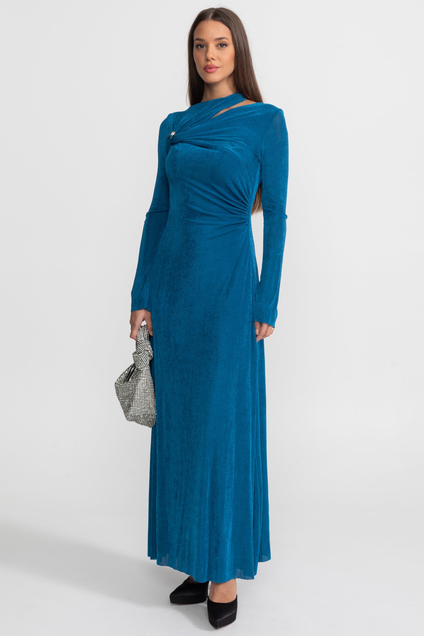 Abito Maxi Drappeggiato con Cut-Out e Dettaglio Elegante - Teal