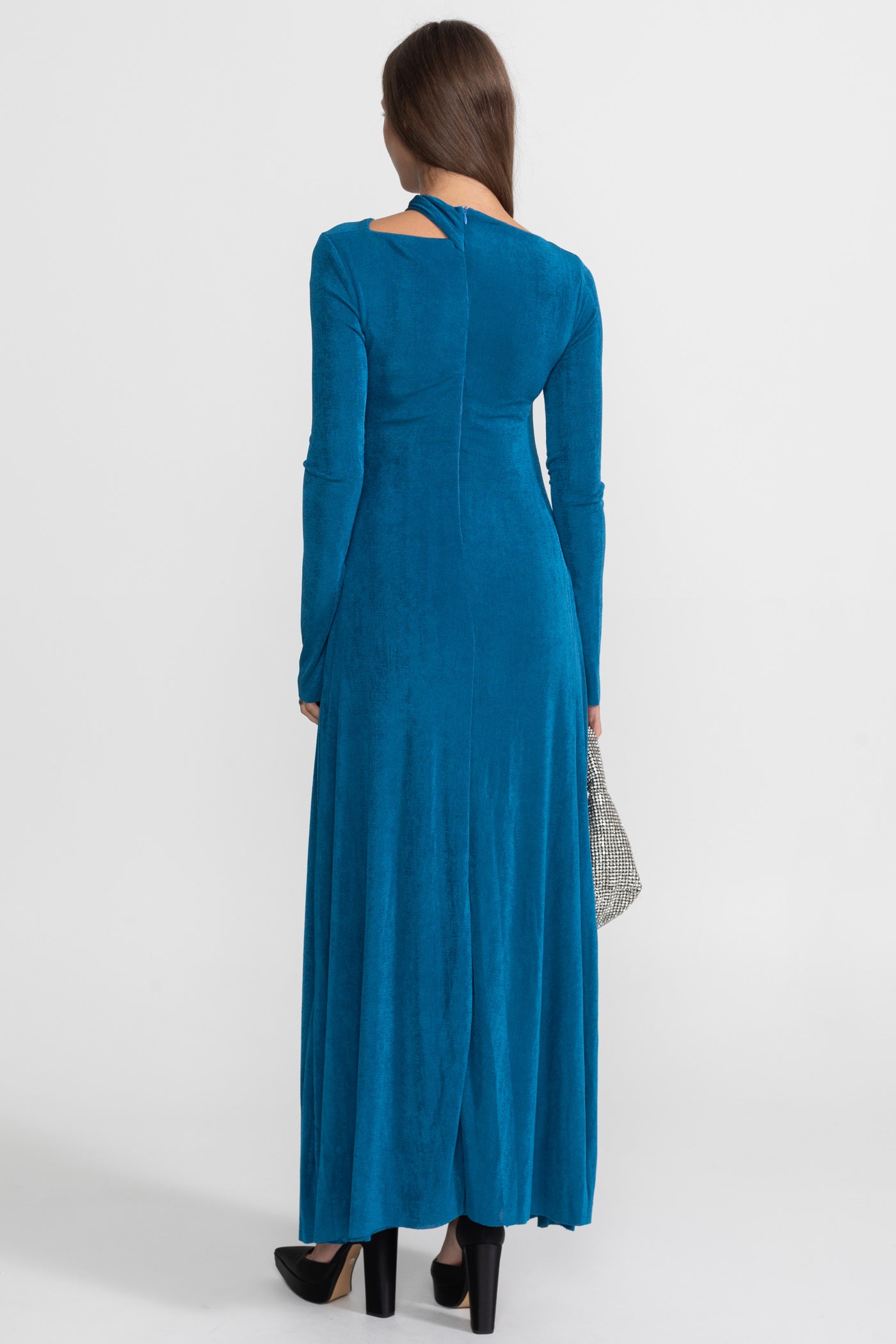 Abito Maxi Drappeggiato con Cut-Out e Dettaglio Elegante - Teal