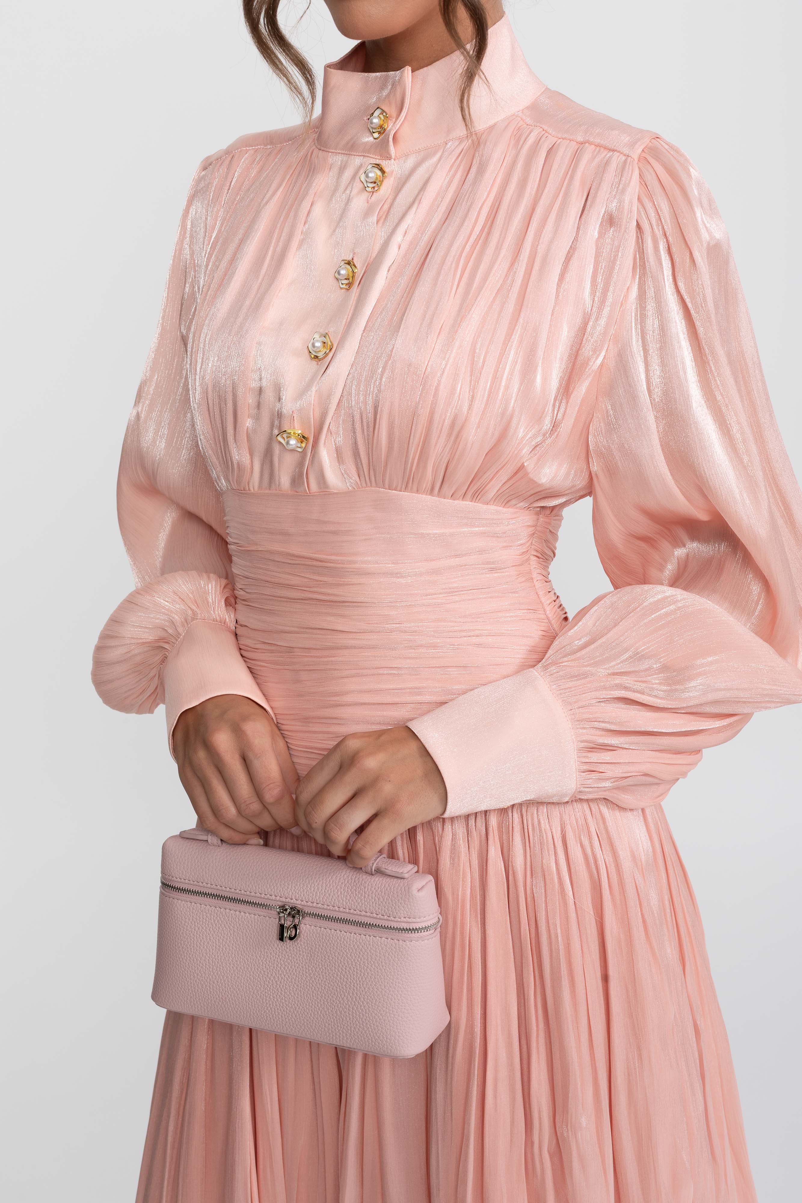 Abito maxi a balze con maniche a palloncino e bottoni rosa gioiello - Peach