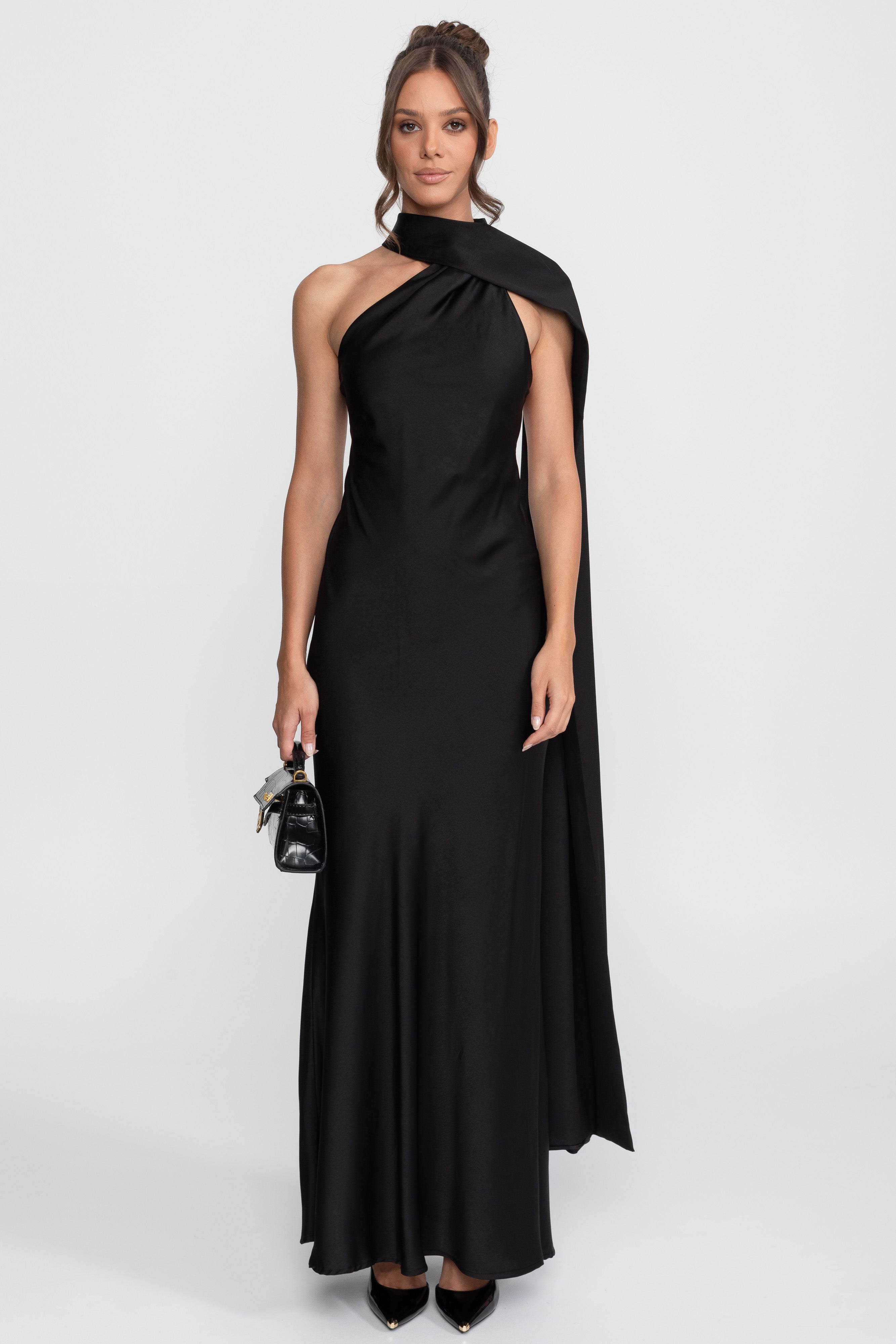 Twist Halter Abito Slip in Satin con Scollatura Asimmetrica - Nero