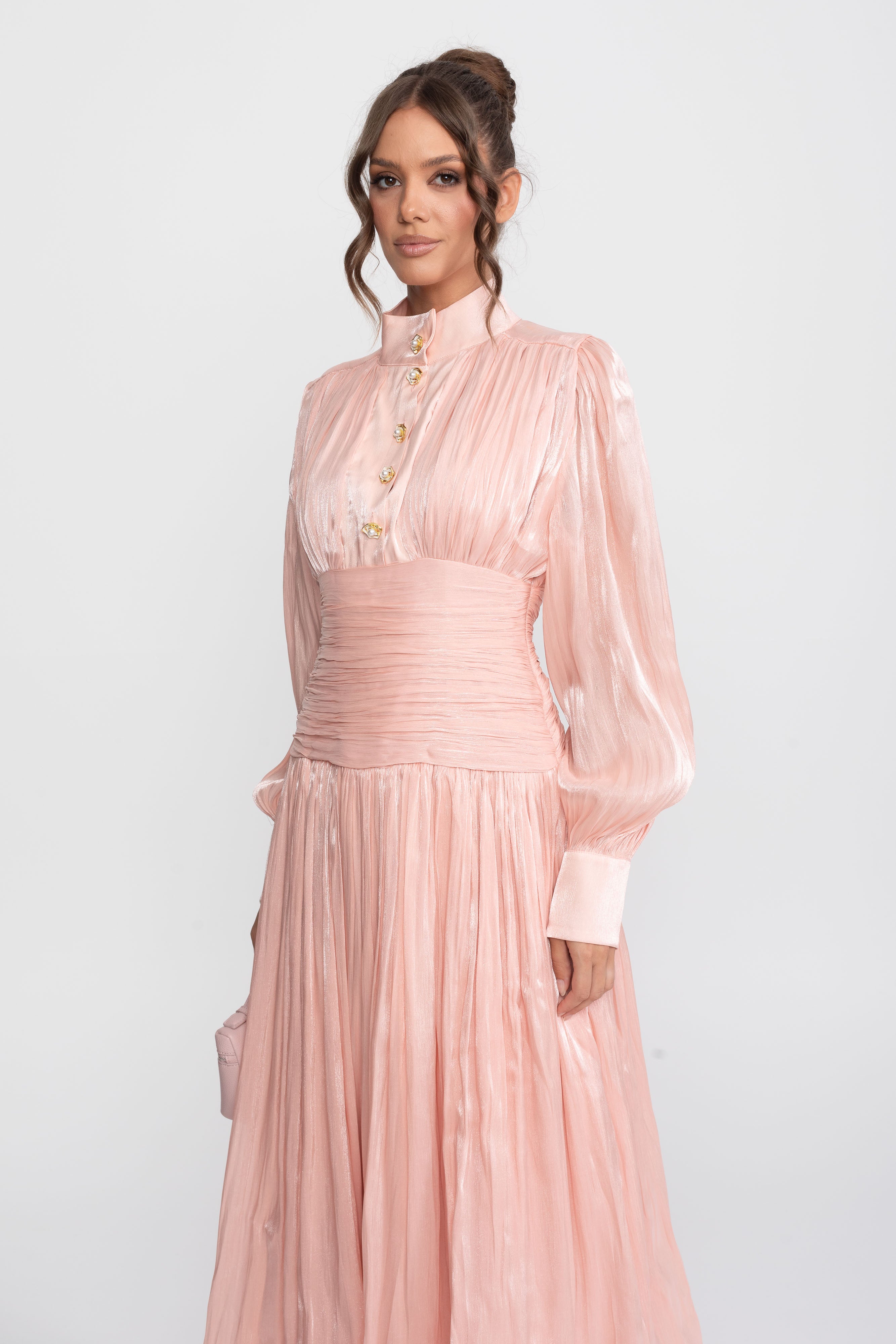 Abito maxi a balze con maniche a palloncino e bottoni rosa gioiello - Peach