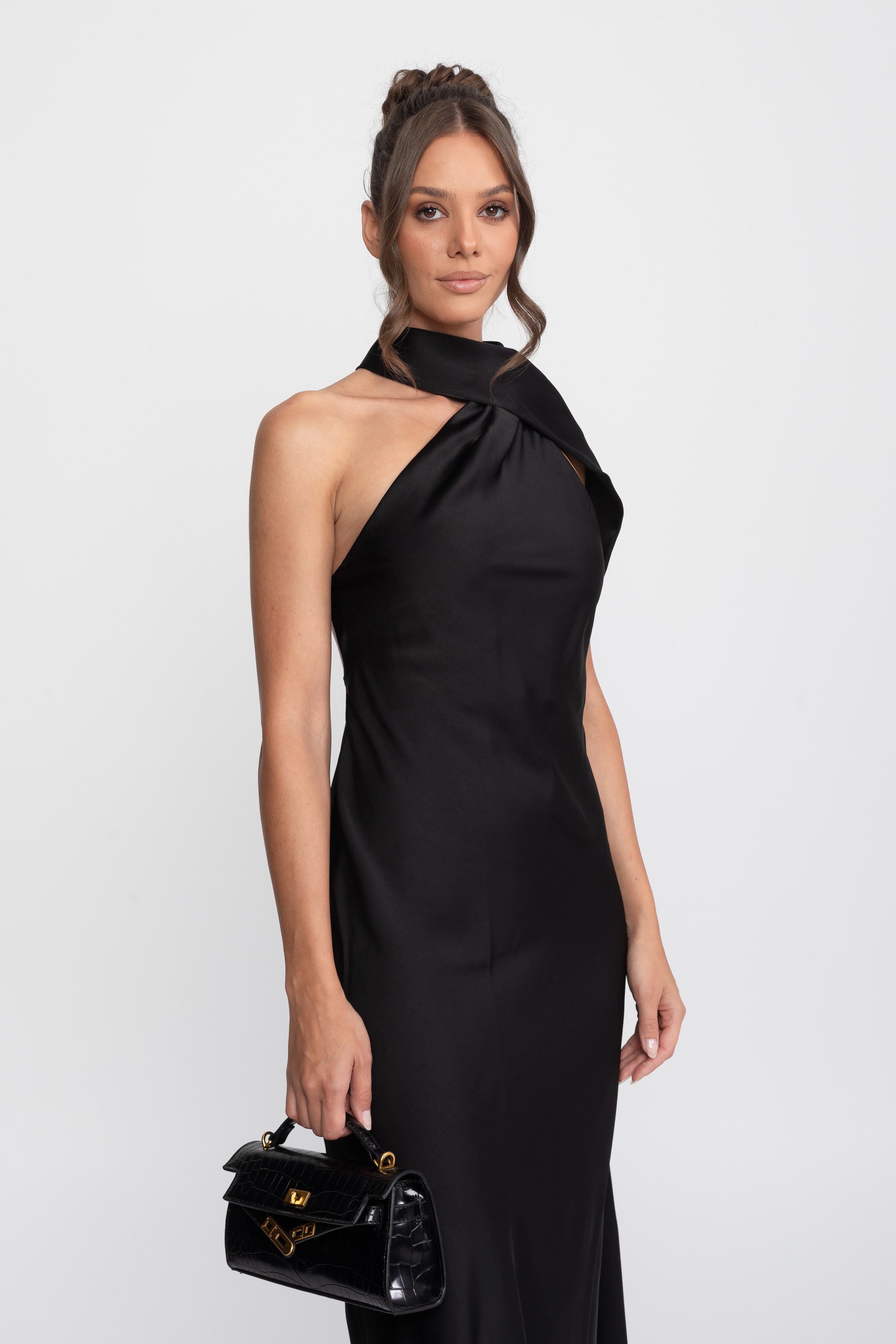 Twist Halter Abito Slip in Satin con Scollatura Asimmetrica - Nero