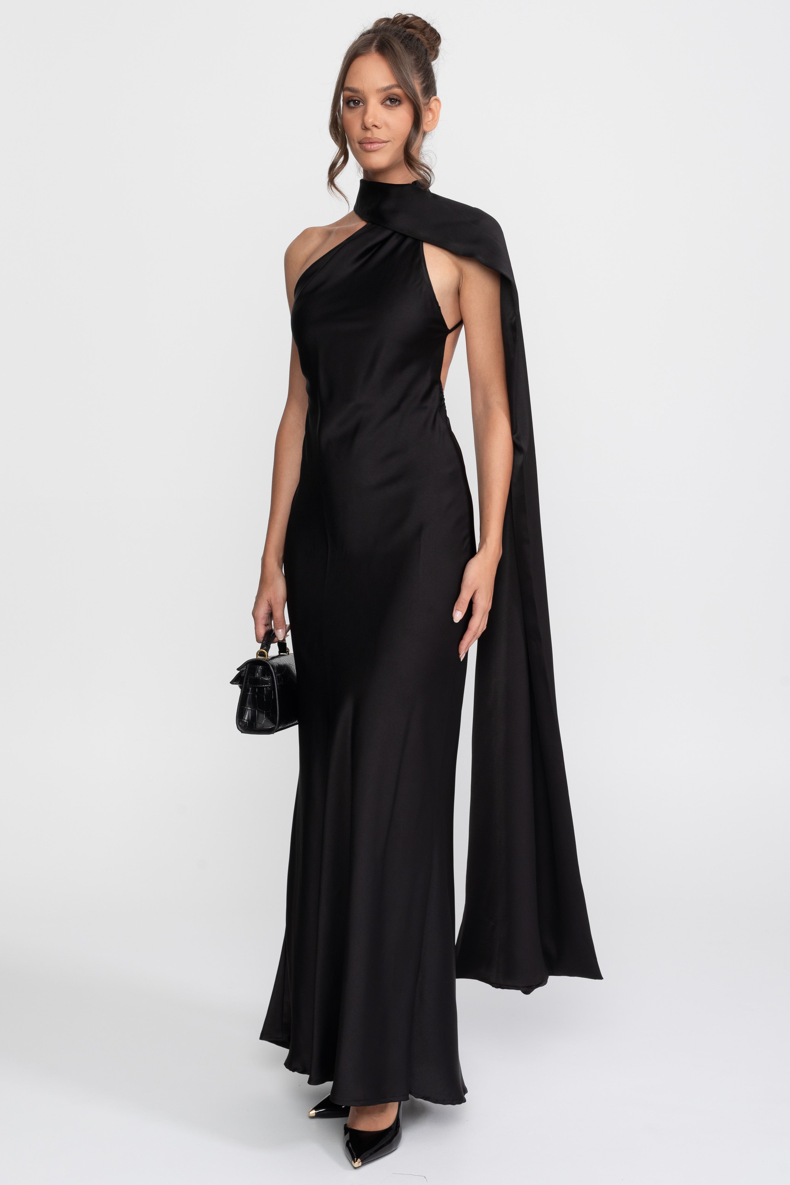 Twist Halter Abito Slip in Satin con Scollatura Asimmetrica - Nero
