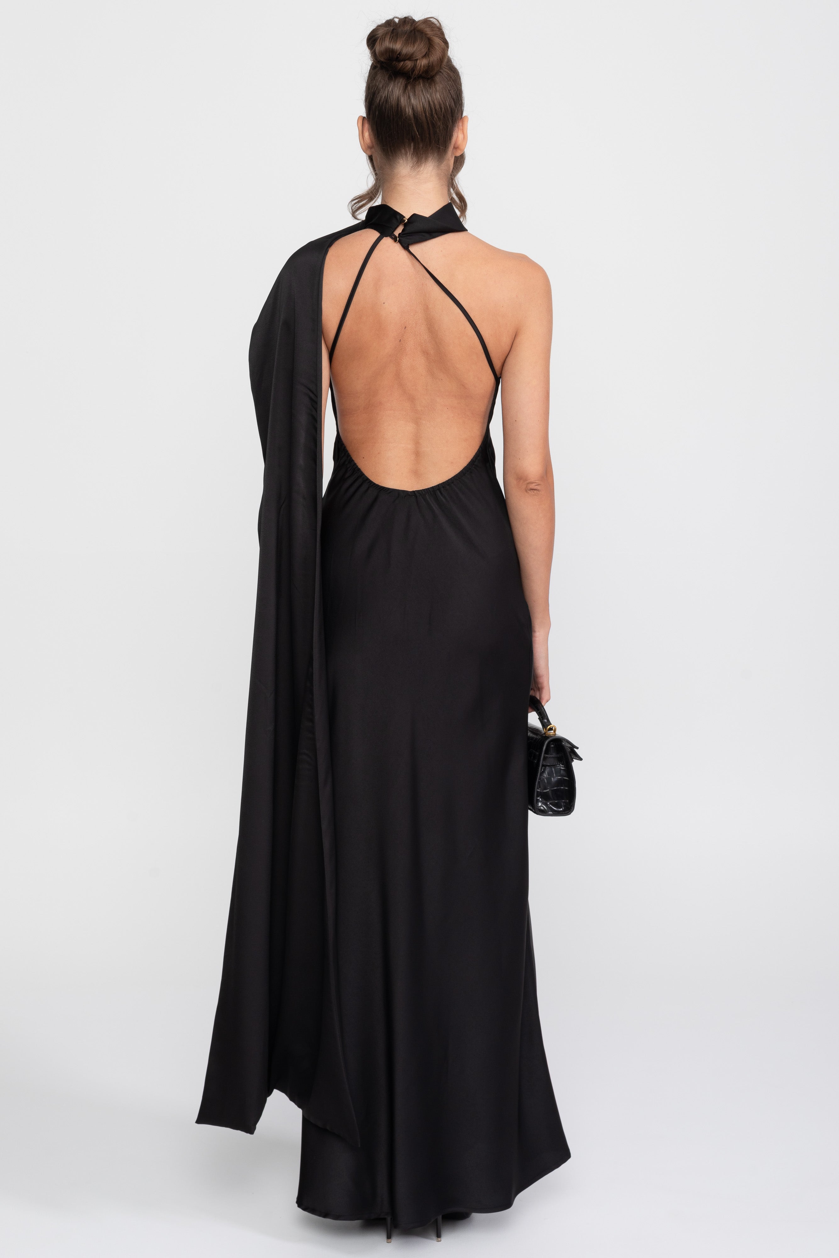 Twist Halter Abito Slip in Satin con Scollatura Asimmetrica - Nero