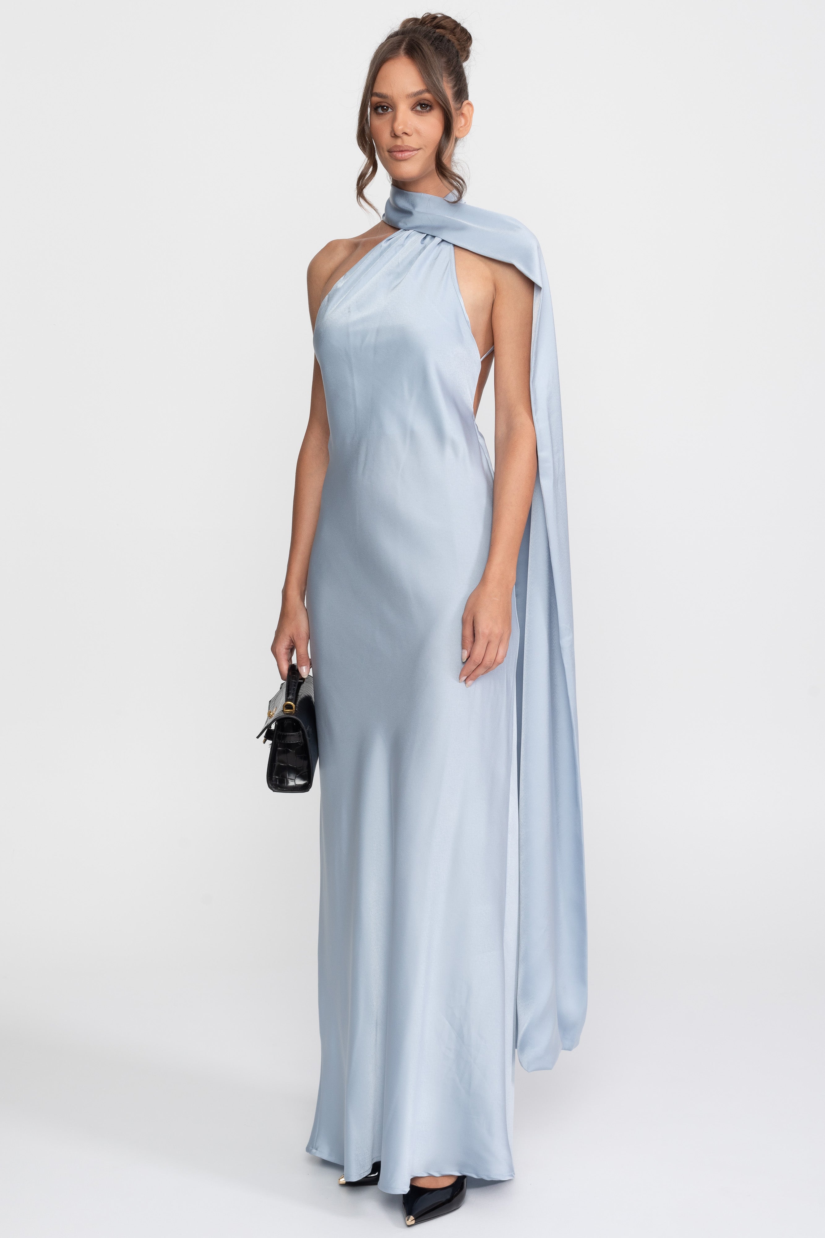 Twist Halter Satin Slip Dress con scollo asimmetrico - Blu