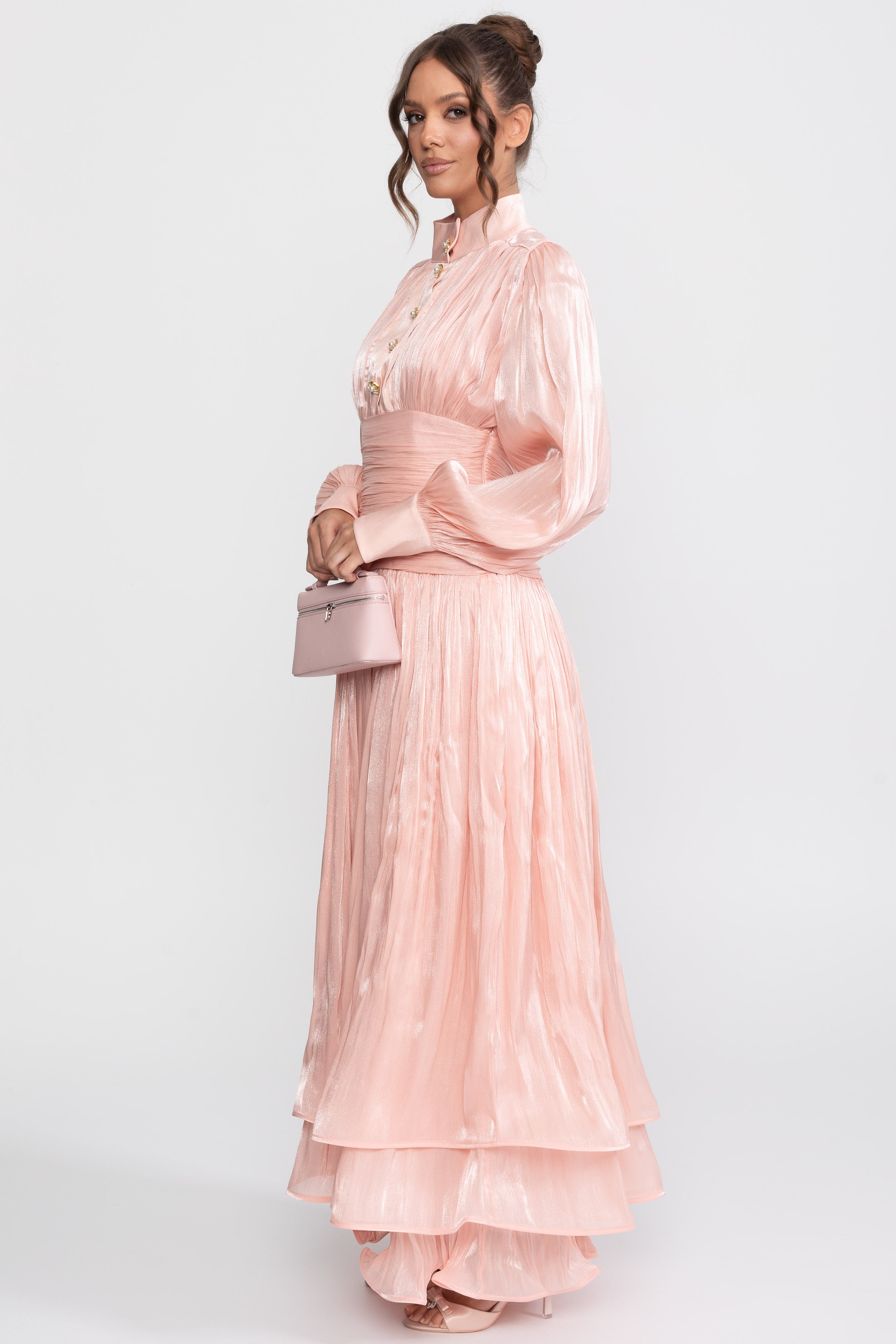 Abito maxi a balze con maniche a palloncino e bottoni rosa gioiello - Peach
