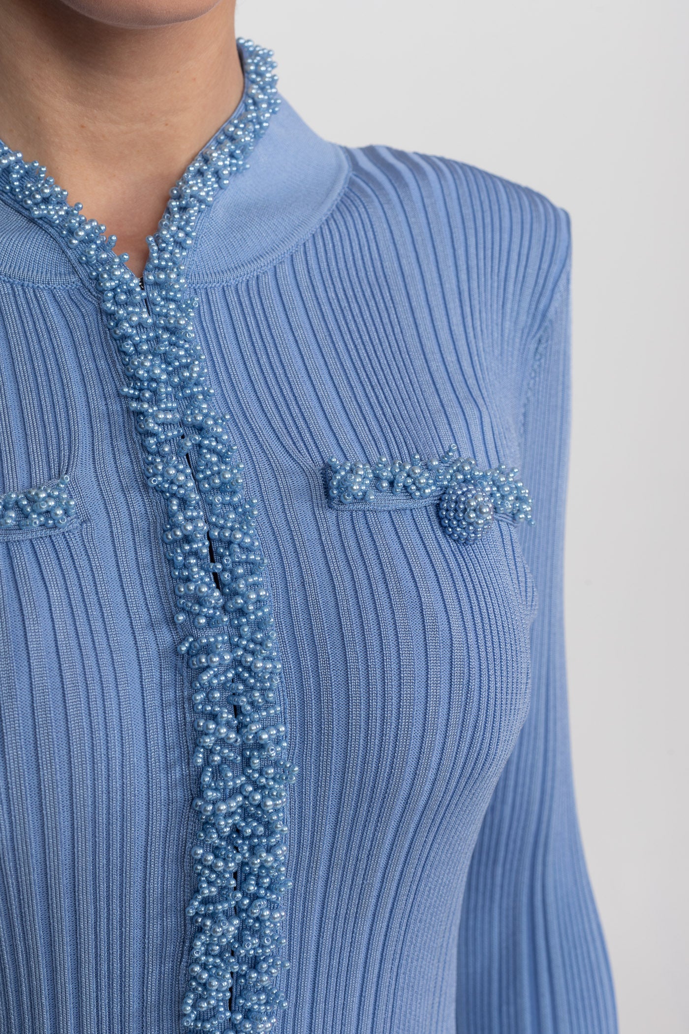 Abito Mini in Maglia Costina con Dettagli di Bordatura con Perline - Blue