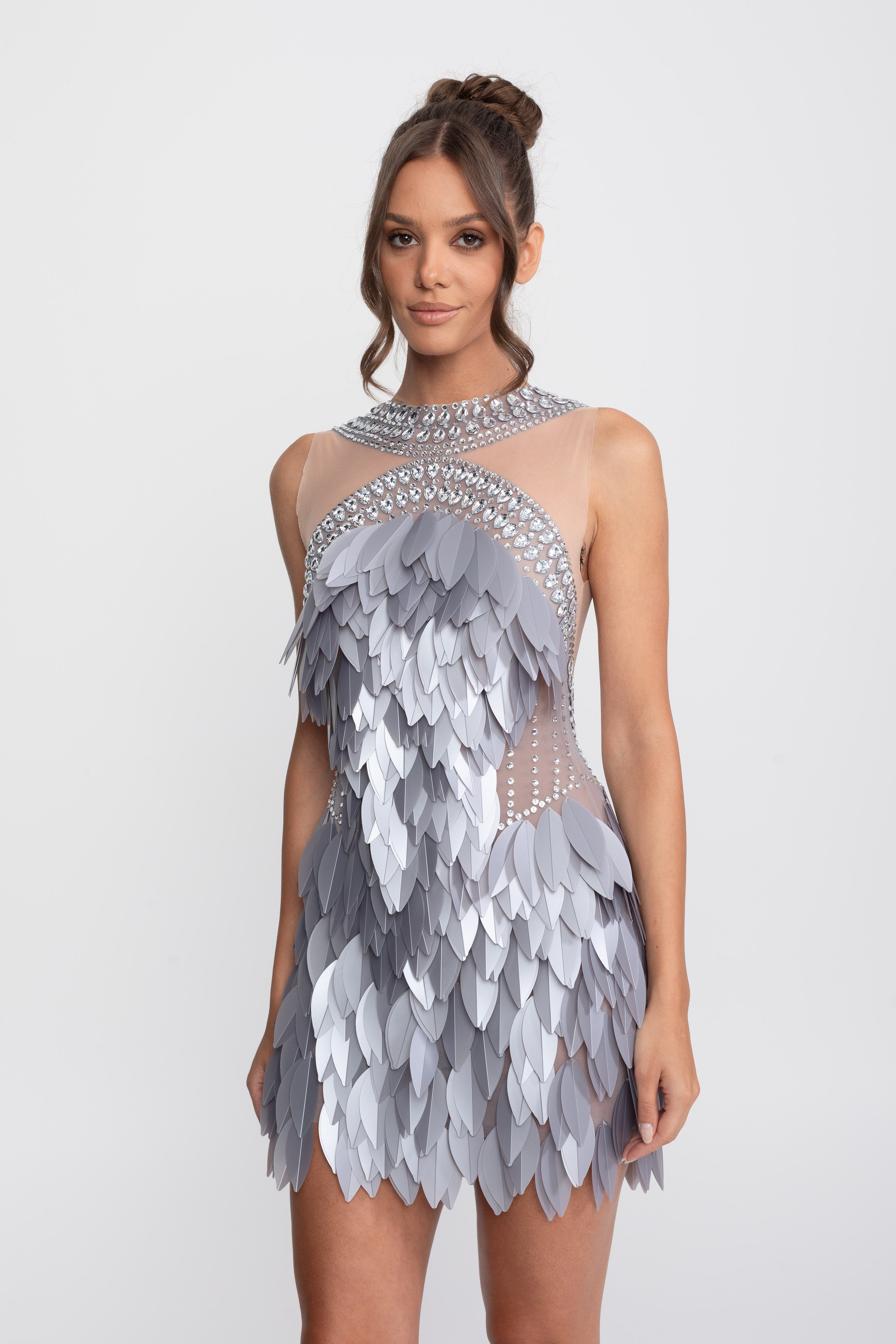 Sleeveless Sheer Mesh Feather-Panel Mini Dress With Crystals - Gray