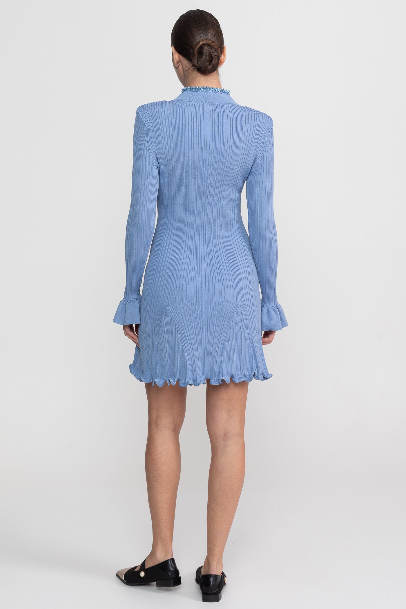 Abito Mini in Maglia Costina con Dettagli di Bordatura con Perline - Blue