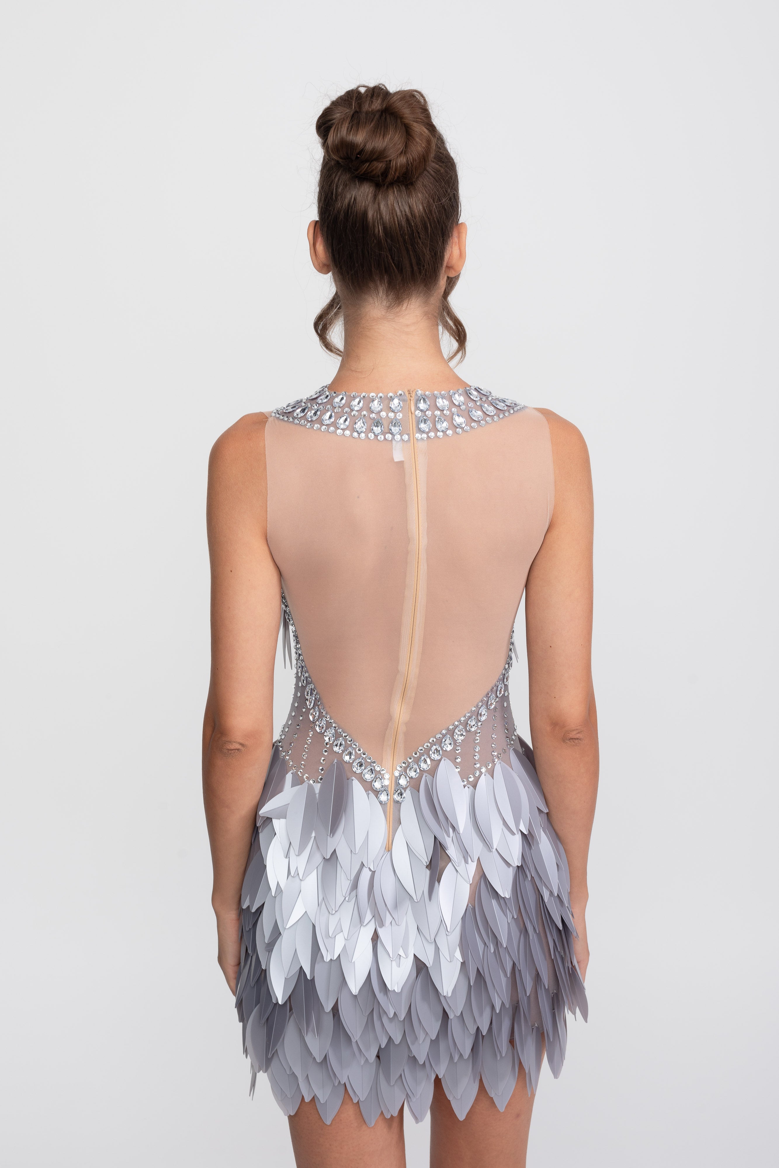 Sleeveless Sheer Mesh Feather-Panel Mini Dress With Crystals - Gray