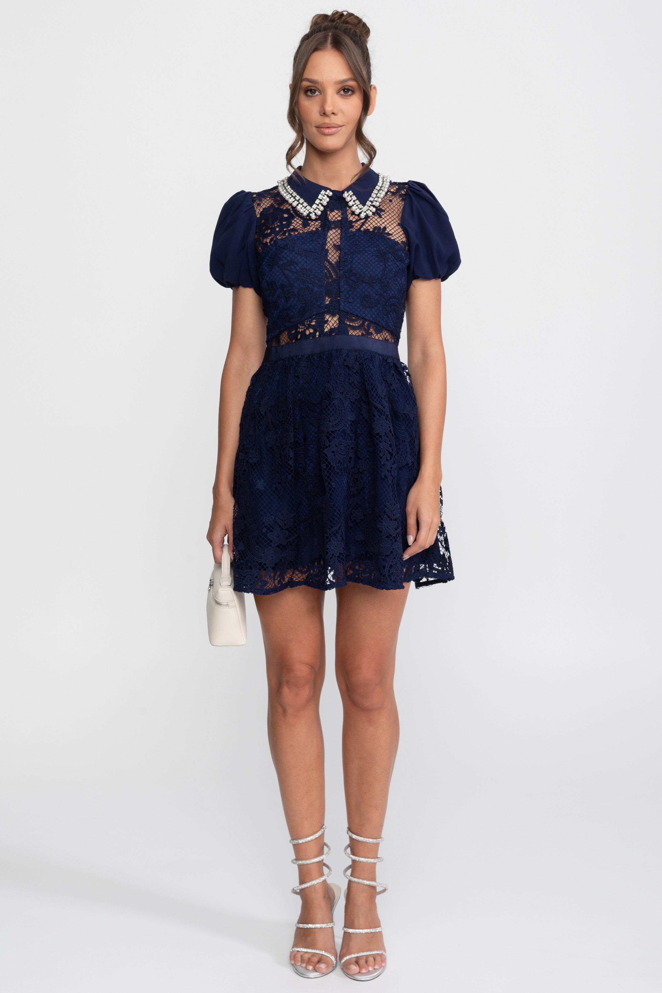 Mini abito in pizzo con maniche a sbuffo e colletto di perle - Navy