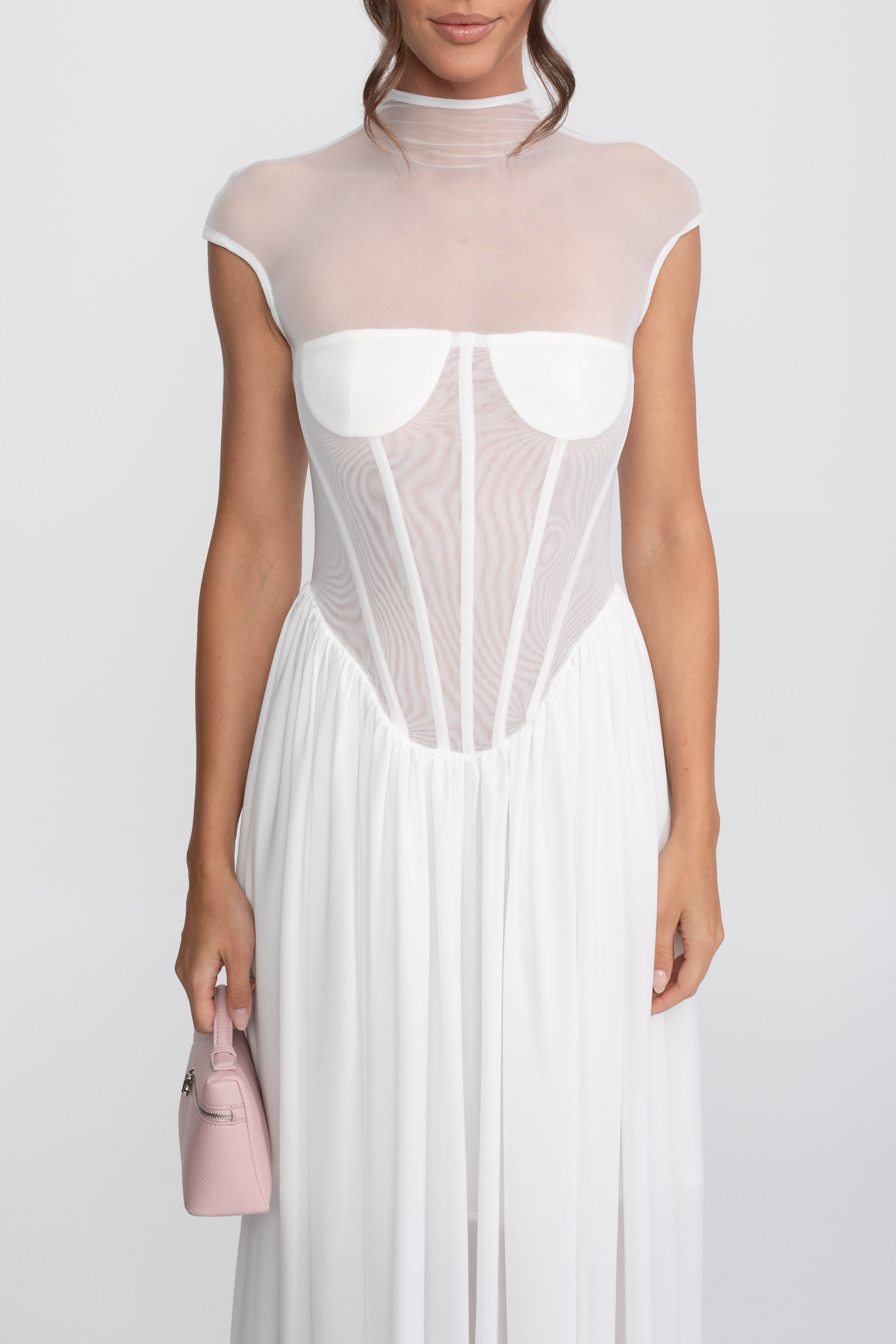 Sheer Corset Maxi Dress With Cap Sleeves - White